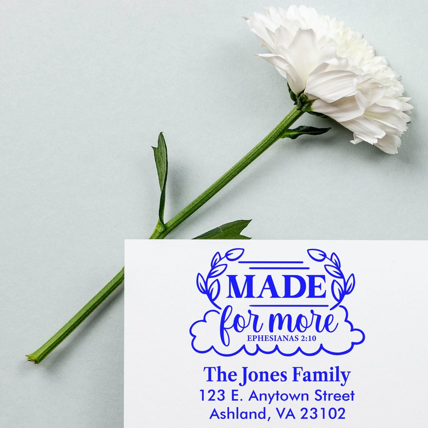Custom Christian return address rubber stamp with floral design, Made for More Ephesians 2:10, for The Jones Family.