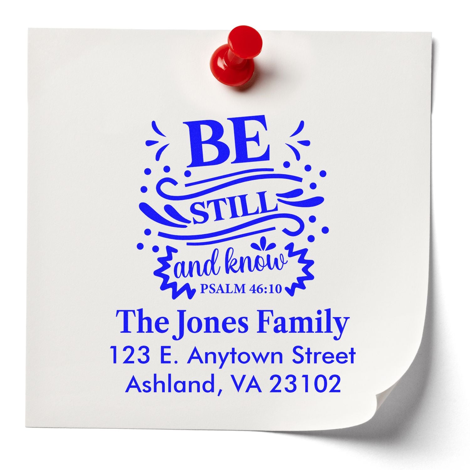Custom family address rubber stamp with Psalm 46:10, Be still and know, for personalized Christian stationery.
