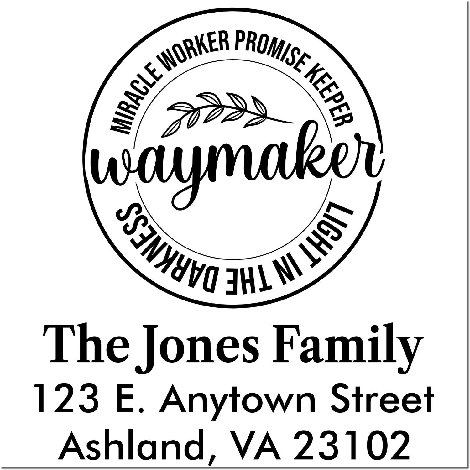 Custom faith-based rubber address stamp for The Jones Family with Waymaker logo and Ashland, VA return address.