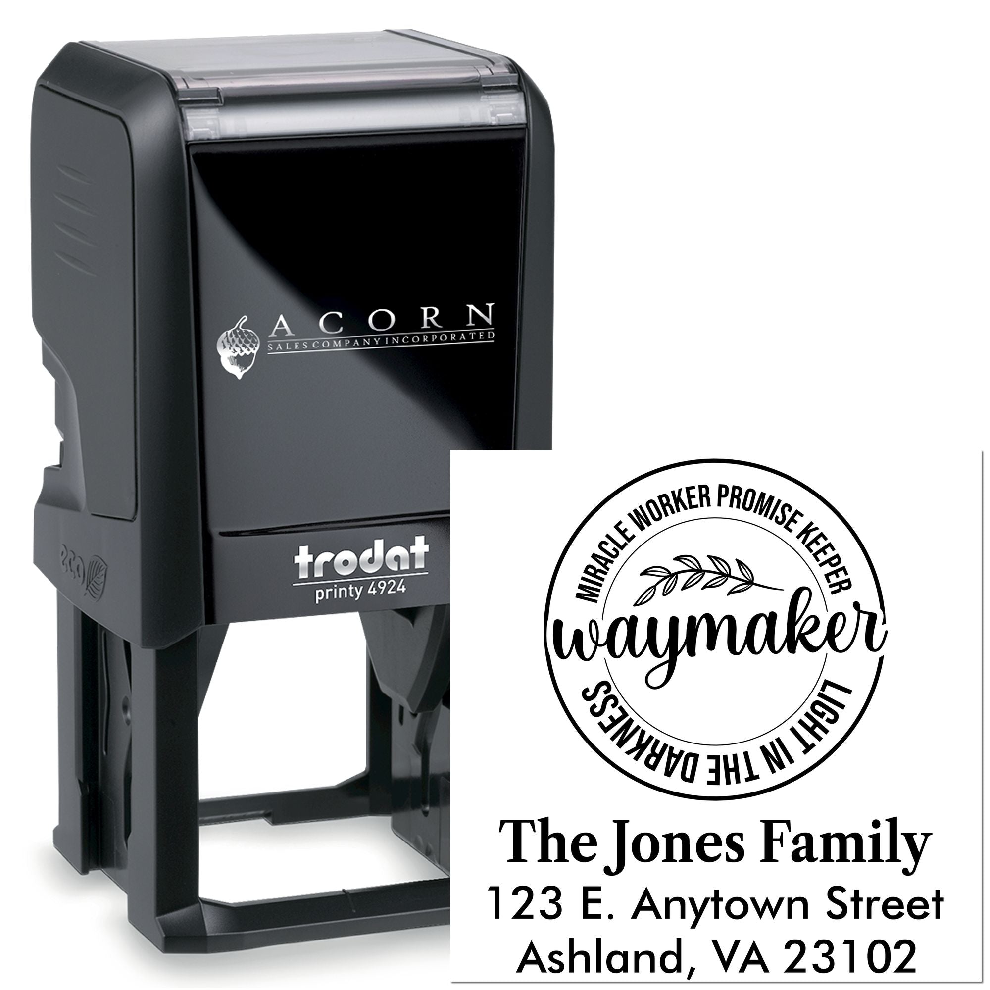 Custom self-inking rubber stamp for personalized family address labels with Waymaker design