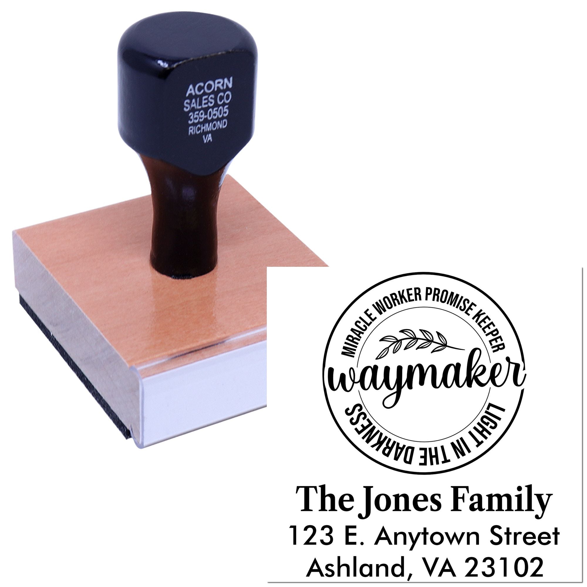 Custom return address rubber stamp with Waymaker family logo and address, ideal for wedding invitations and home mailings.