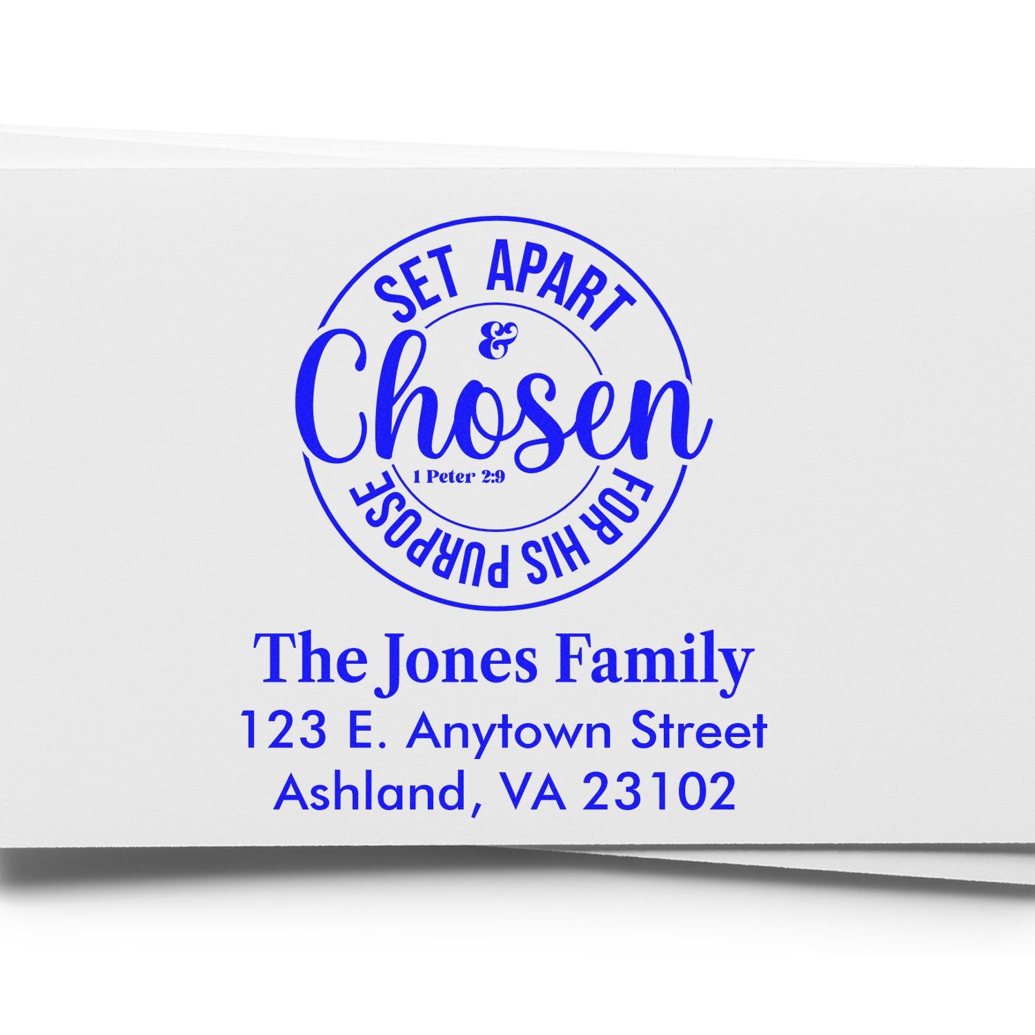 Custom Christian return address stamp featuring Set Apart & Chosen and The Jones Family address, 1 Peter 2:9.