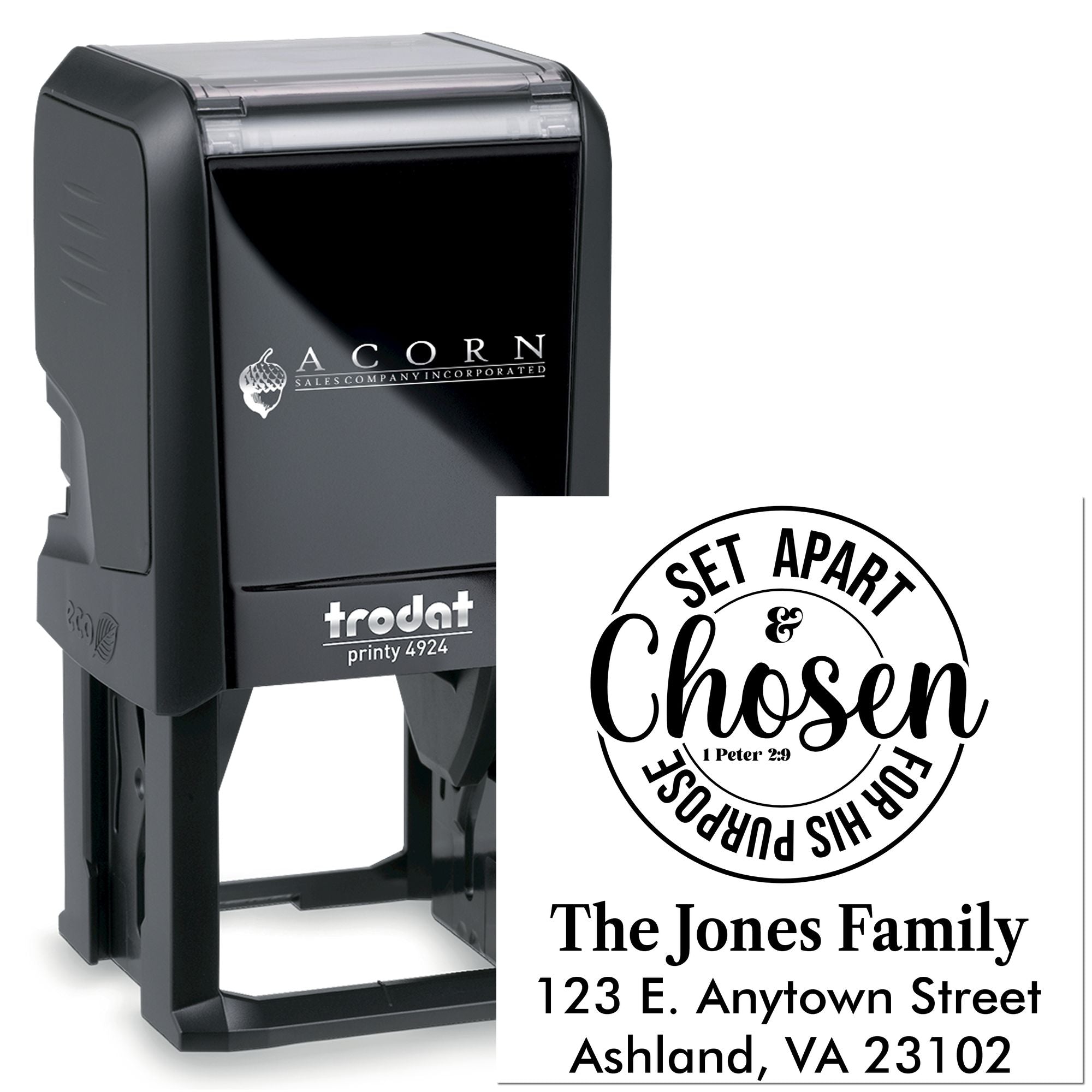 Custom self-inking rubber stamp for personalized return addresses, featuring a Set Apart & Chosen family design.