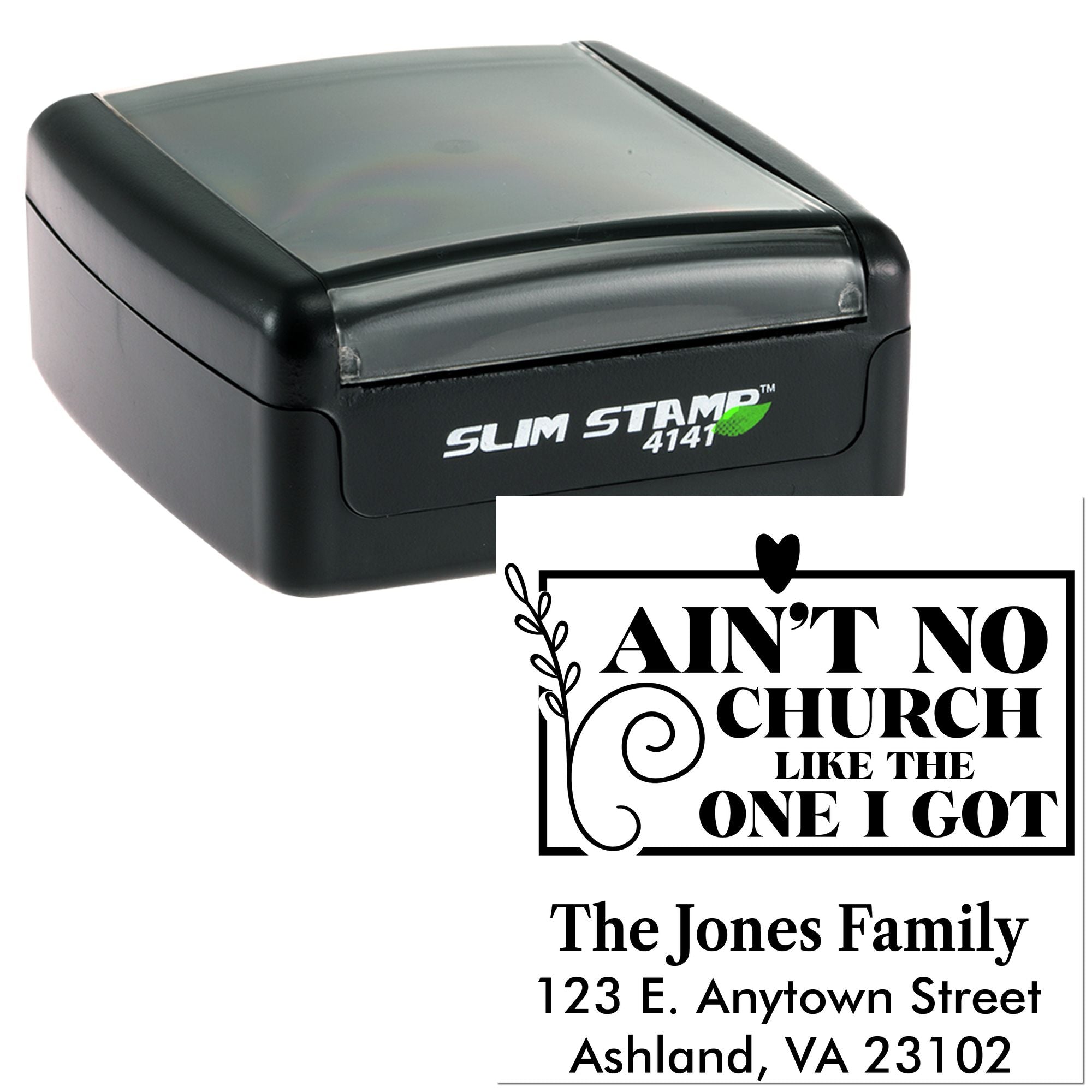 Custom self-inking rubber stamp with church quote and family address for personalized return mail.