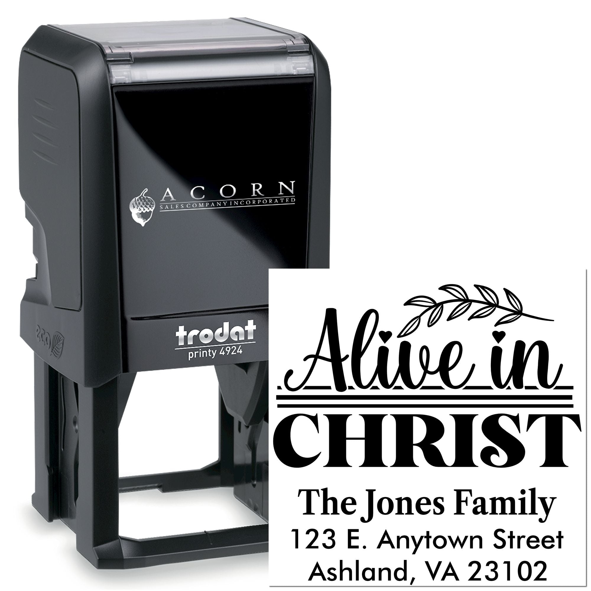 Personalized self-inking rubber stamp with "Alive in Christ" family address design on Trodat Printy 4924.