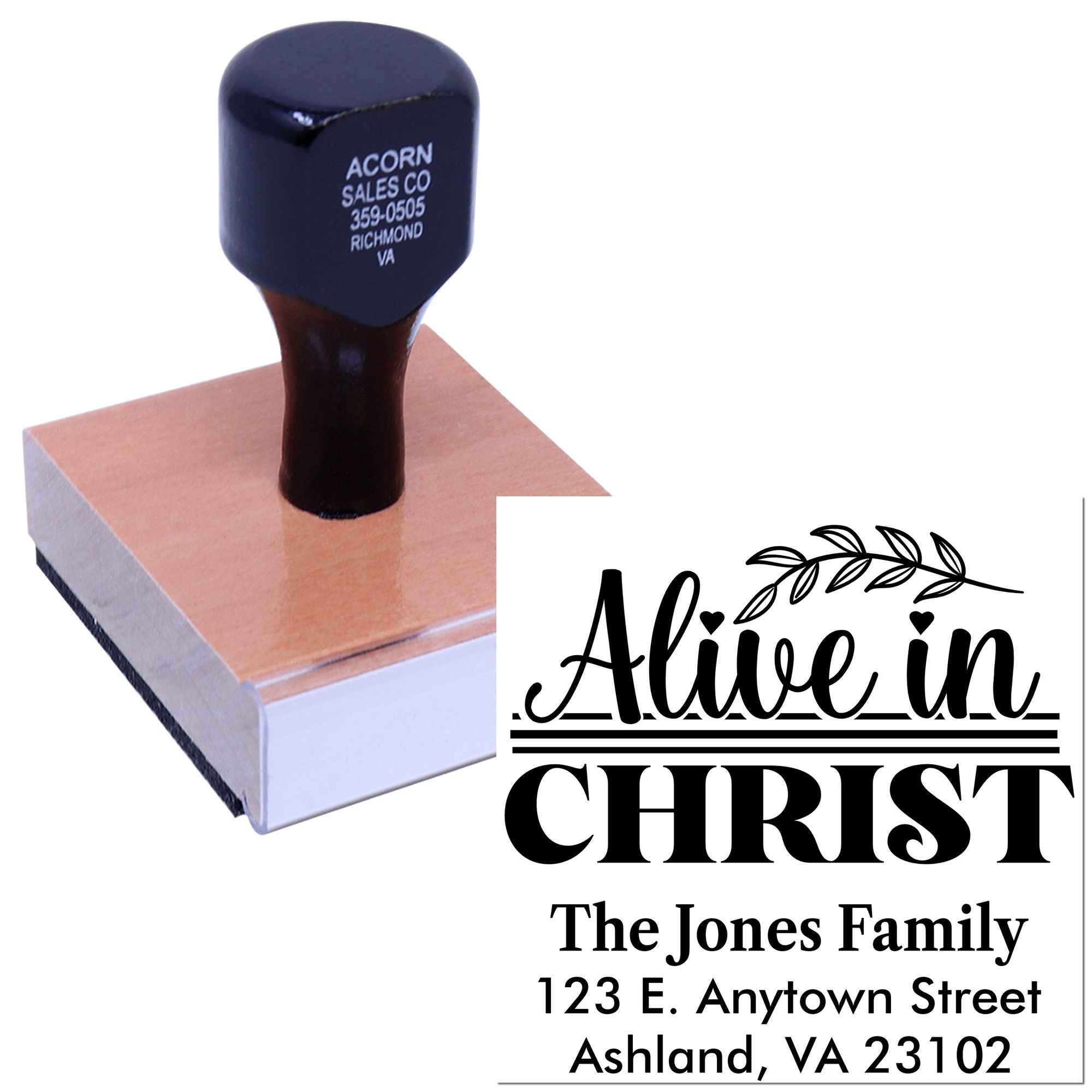 Custom Christian address rubber stamp with Alive in Christ design and The Jones Family return address.