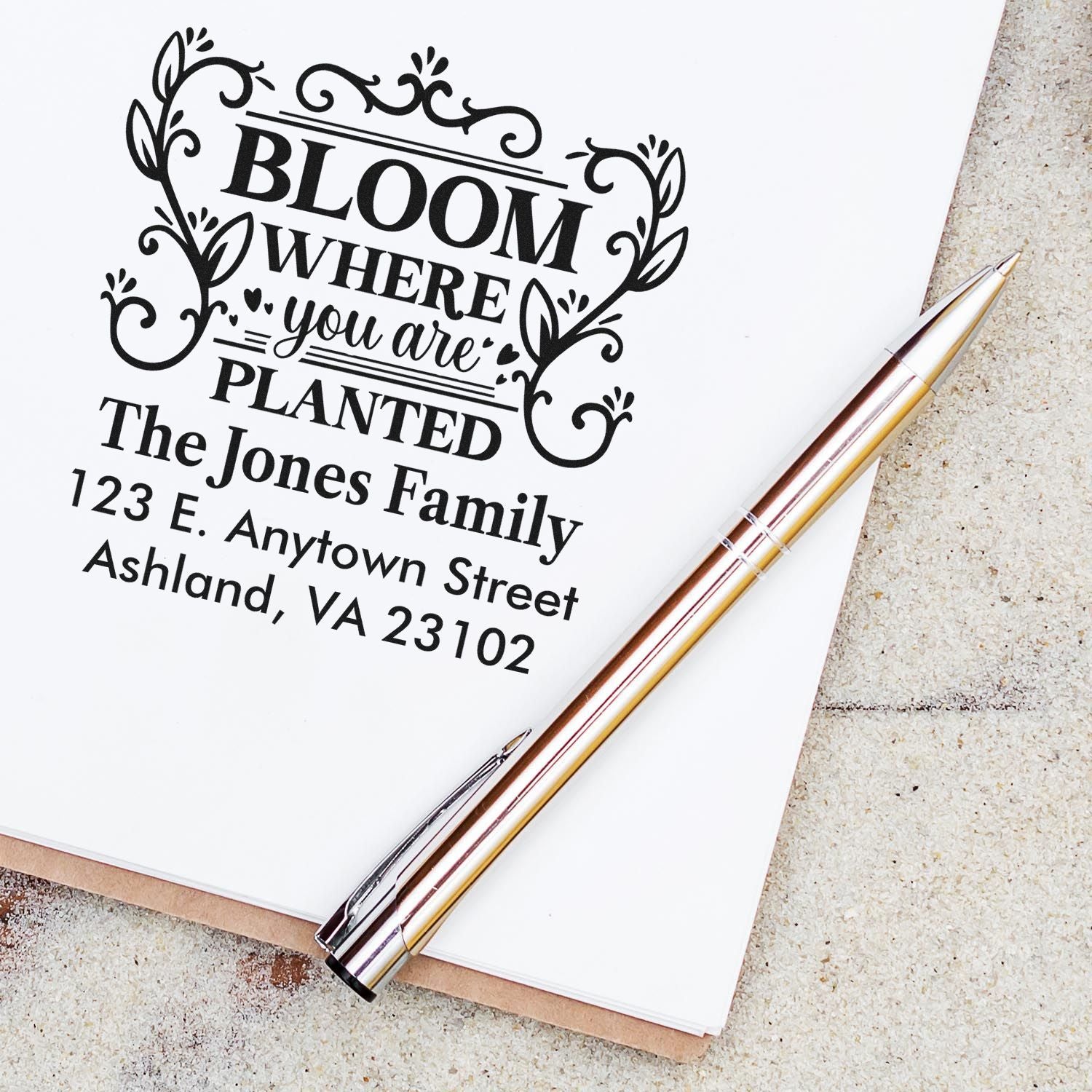 Custom floral return address rubber stamp with Bloom where you are planted design for family mail and stationery.