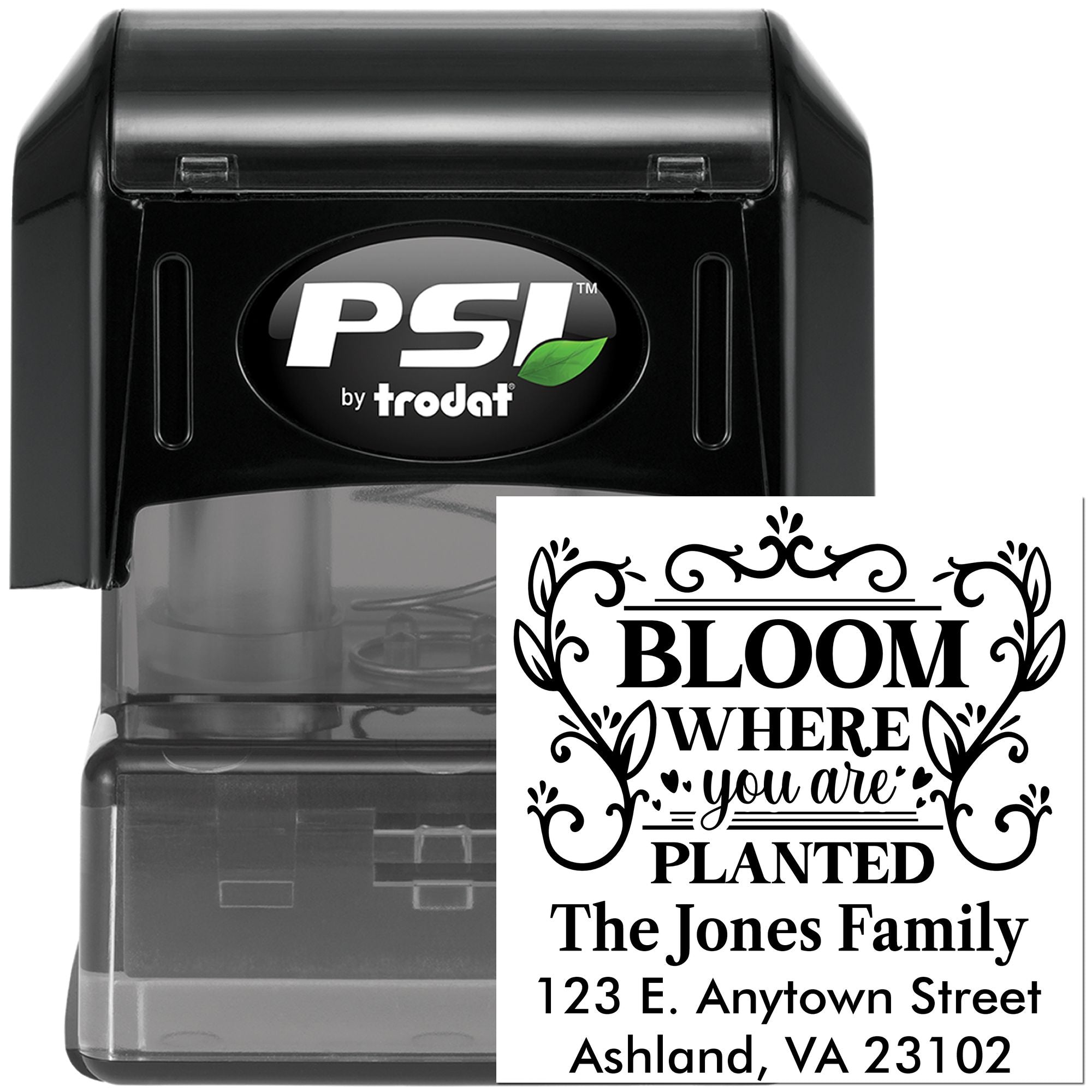 Custom self-inking rubber address stamp with floral Bloom Where You Are Planted return address for The Jones Family.