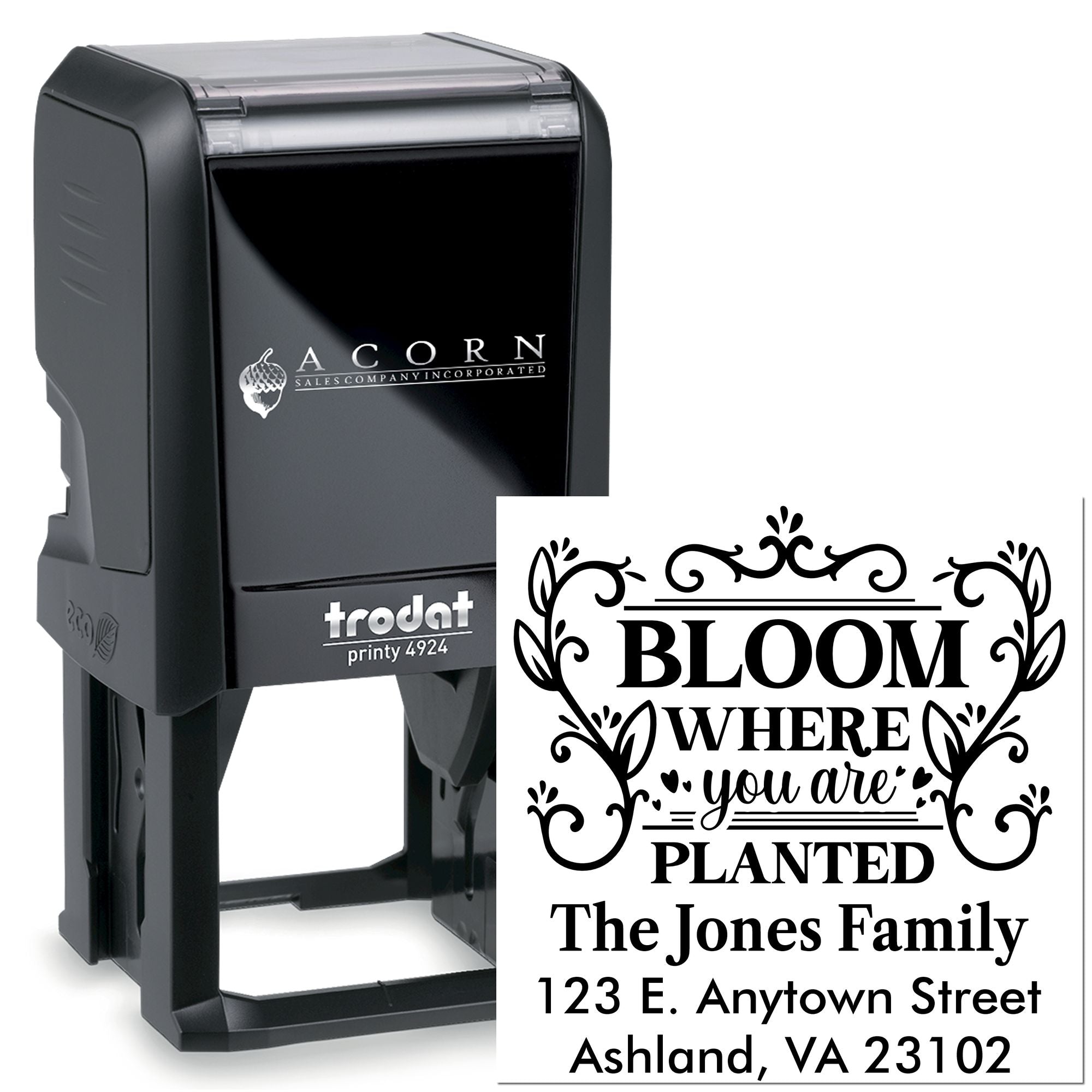 Trodat self-inking custom rubber stamp with decorative Bloom Where You Are Planted return address for The Jones Family