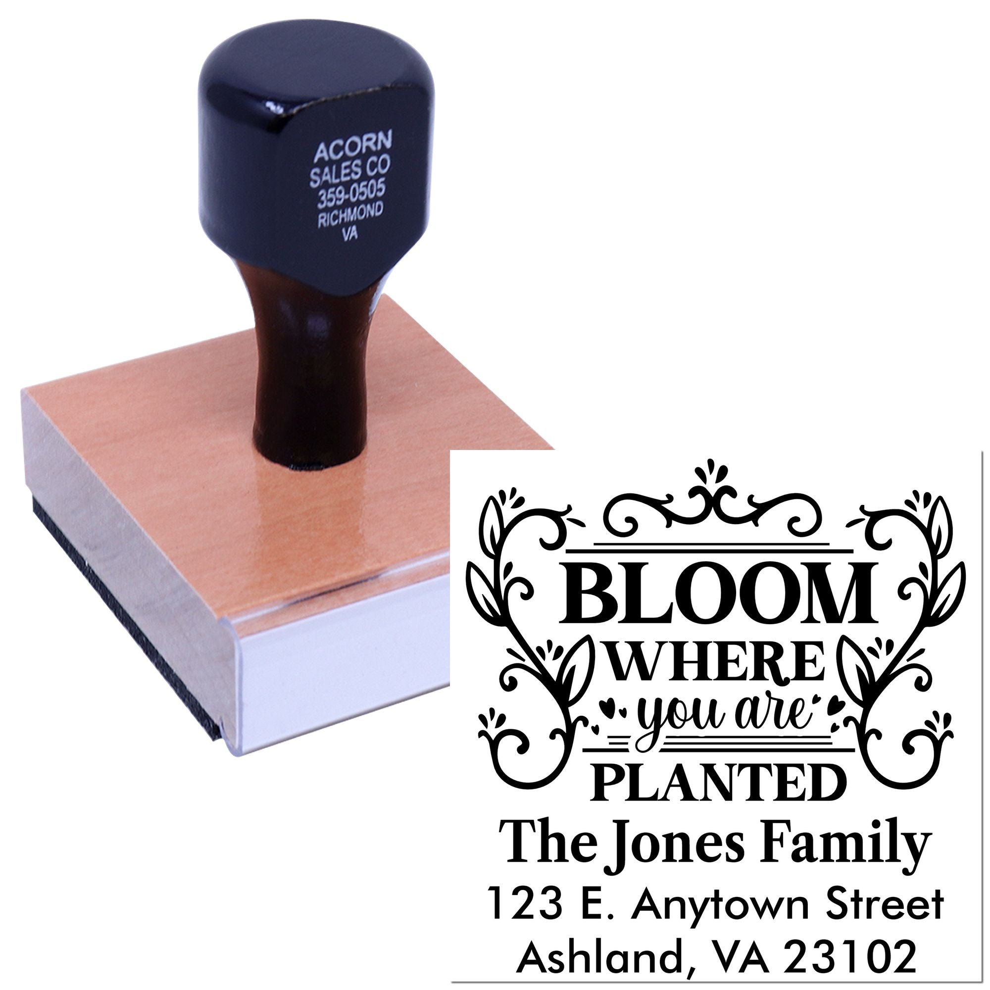 Custom rubber address stamp with decorative family quote and personalized name and address for mailing and crafts.