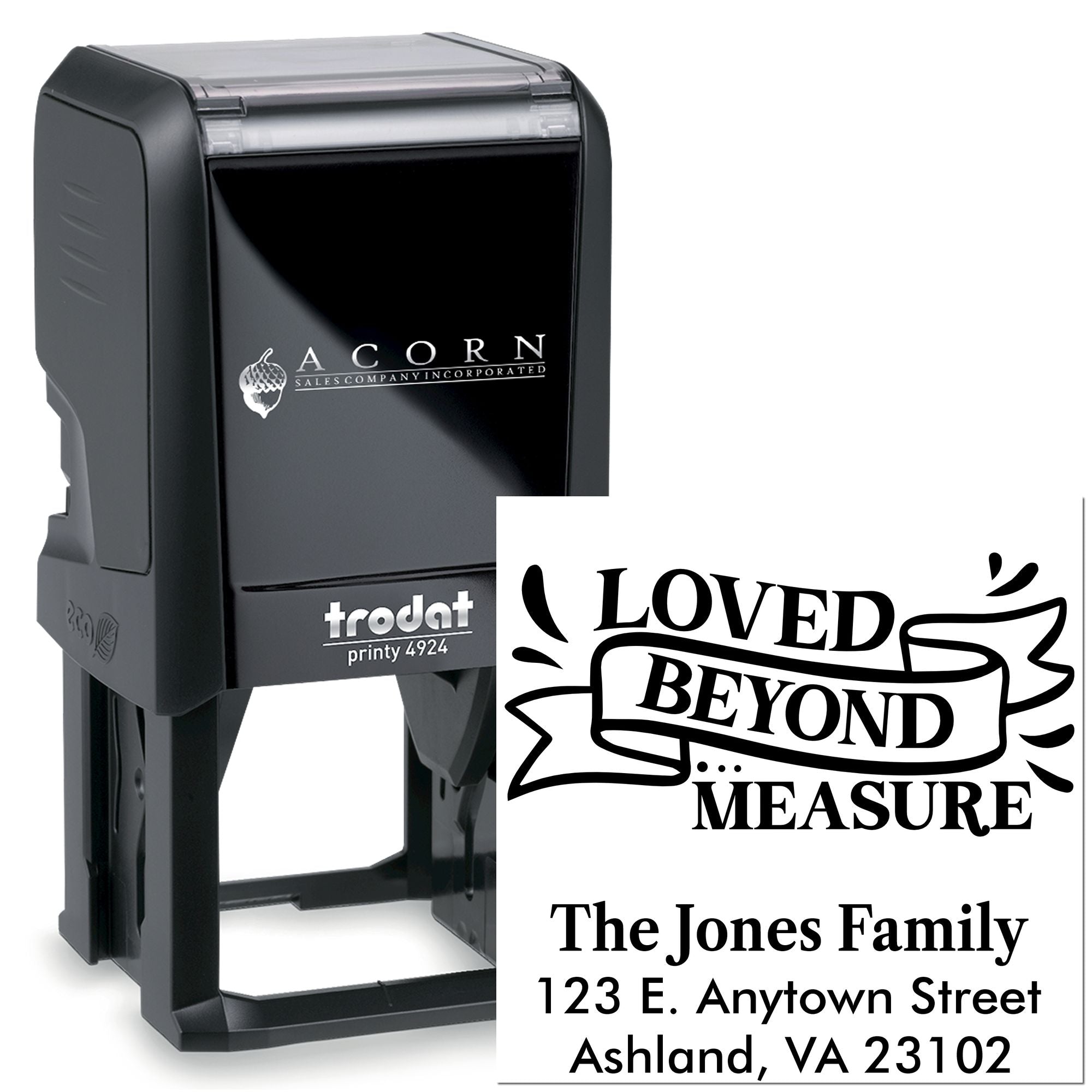 Custom self-inking rubber stamp with Loved Beyond Measure and family address, Trodat Printy 4924 personalized return address stamp.