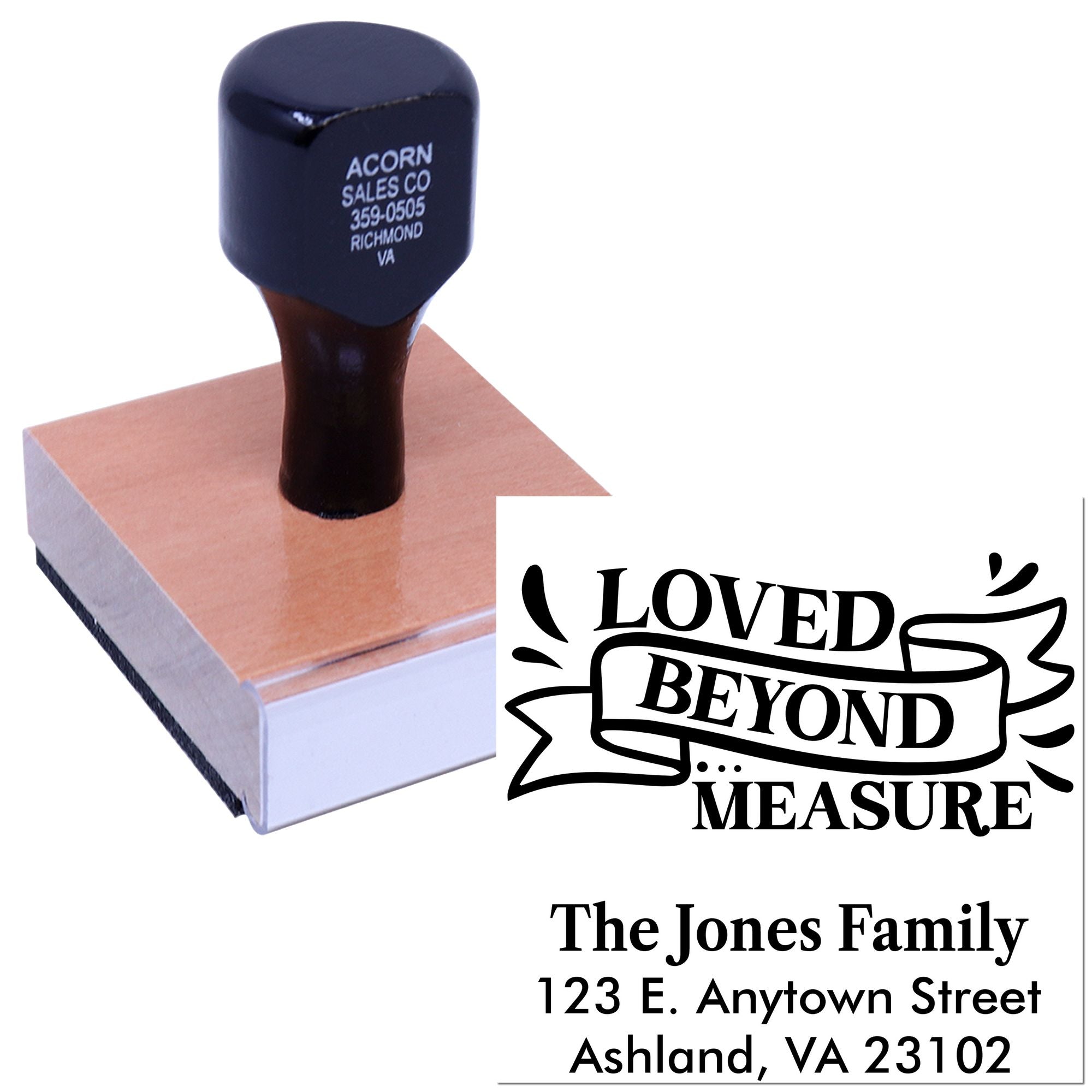 Custom family address rubber stamp with Loved Beyond Measure design and personalized return address imprint
