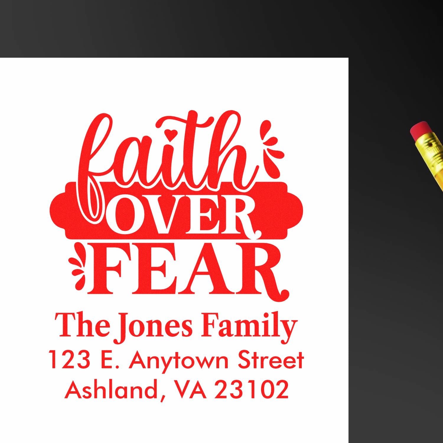 Custom Faith Over Fear rubber stamp with The Jones Family return address for personalized envelopes and mailings.