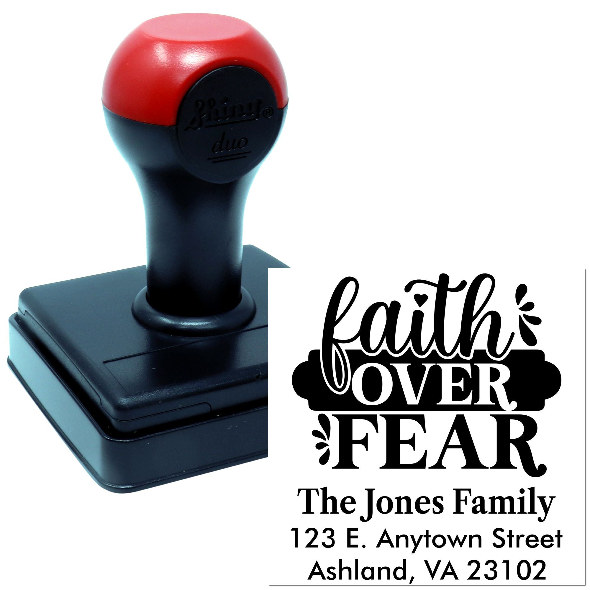 Custom self-inking rubber stamp with Faith Over Fear design and personalized family address for cards, crafts, and invitations.
