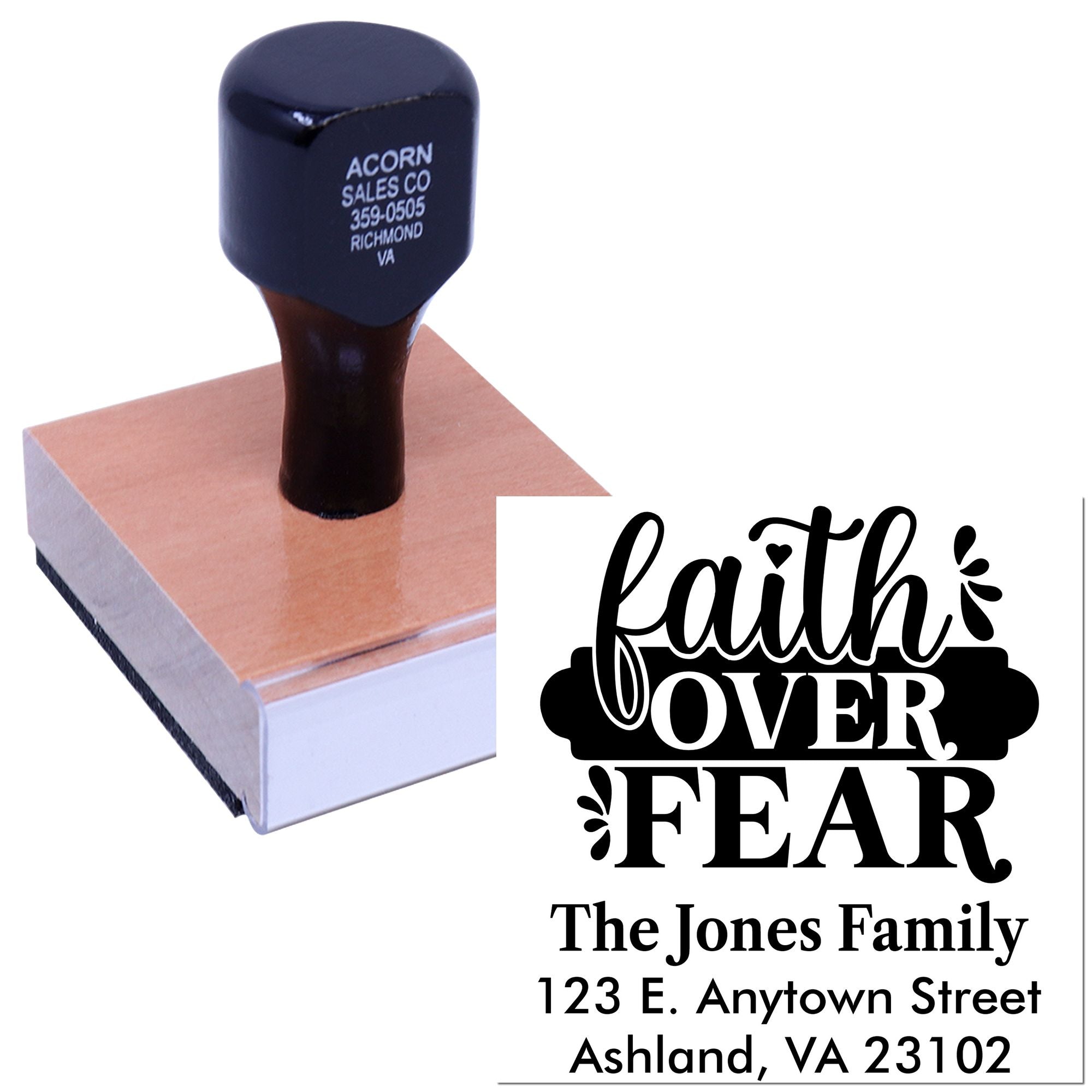 Custom rubber stamp with Faith Over Fear design, family name, and return address for personalized mailing.