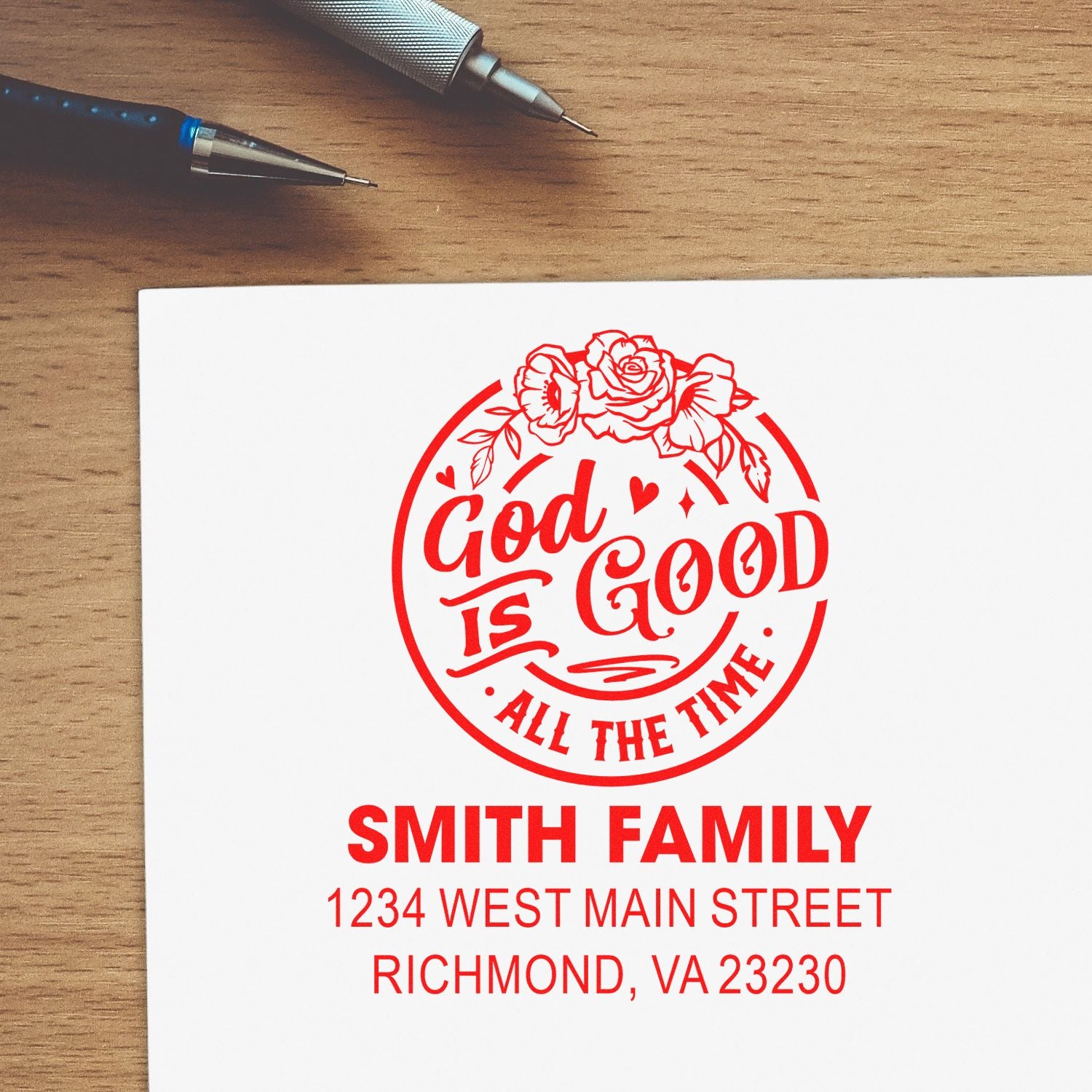 Custom family address rubber stamp with floral God Is Good All The Time design for Smith Family, Richmond VA.