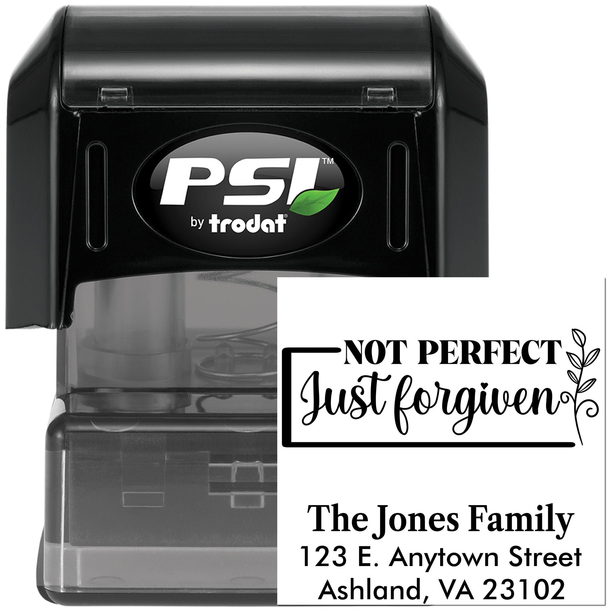 Custom self-inking rubber stamp by PSI by Trodat showing personalized quote and address stamp design examples