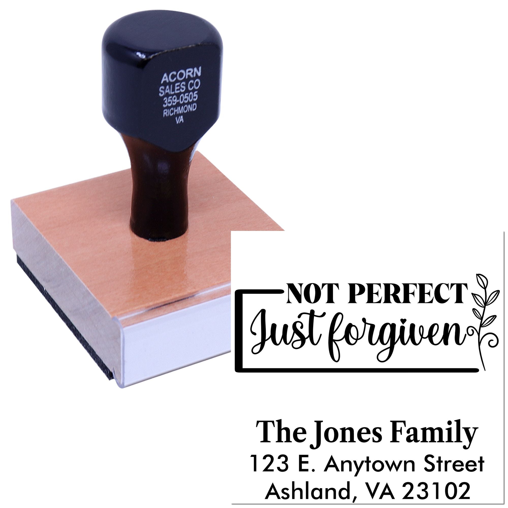 Custom rubber stamp for faith-based return address labels, featuring Not Perfect Just Forgiven family design.