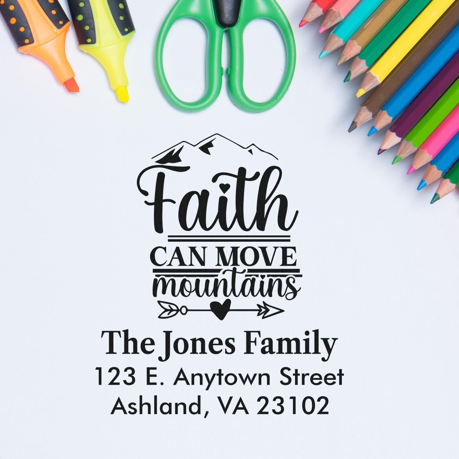Custom return address rubber stamp with Faith Can Move Mountains design for The Jones Family, Ashland, VA 23102.