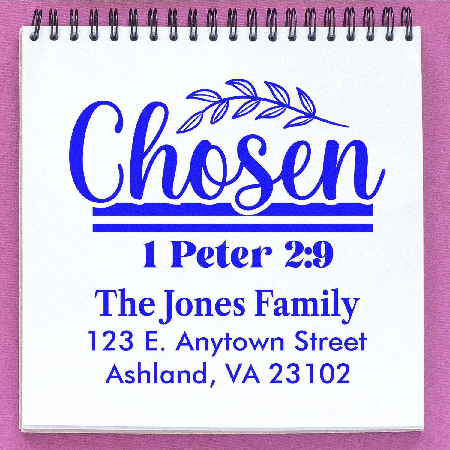 Custom rubber stamp with Bible verse Chosen 1 Peter 2:9 and family address, personalized return address stamp for The Jones Family.