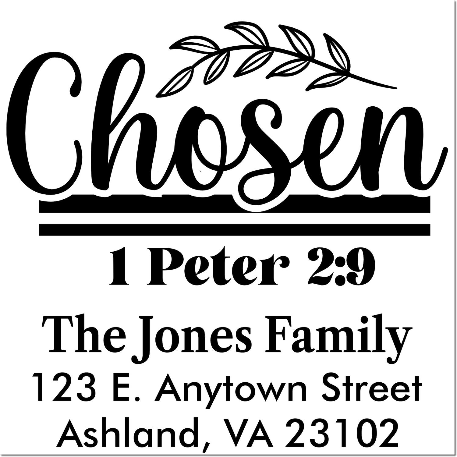 Custom return address rubber stamp with Chosen leaf design, The Jones Family, and Ashland, VA 23102 address.