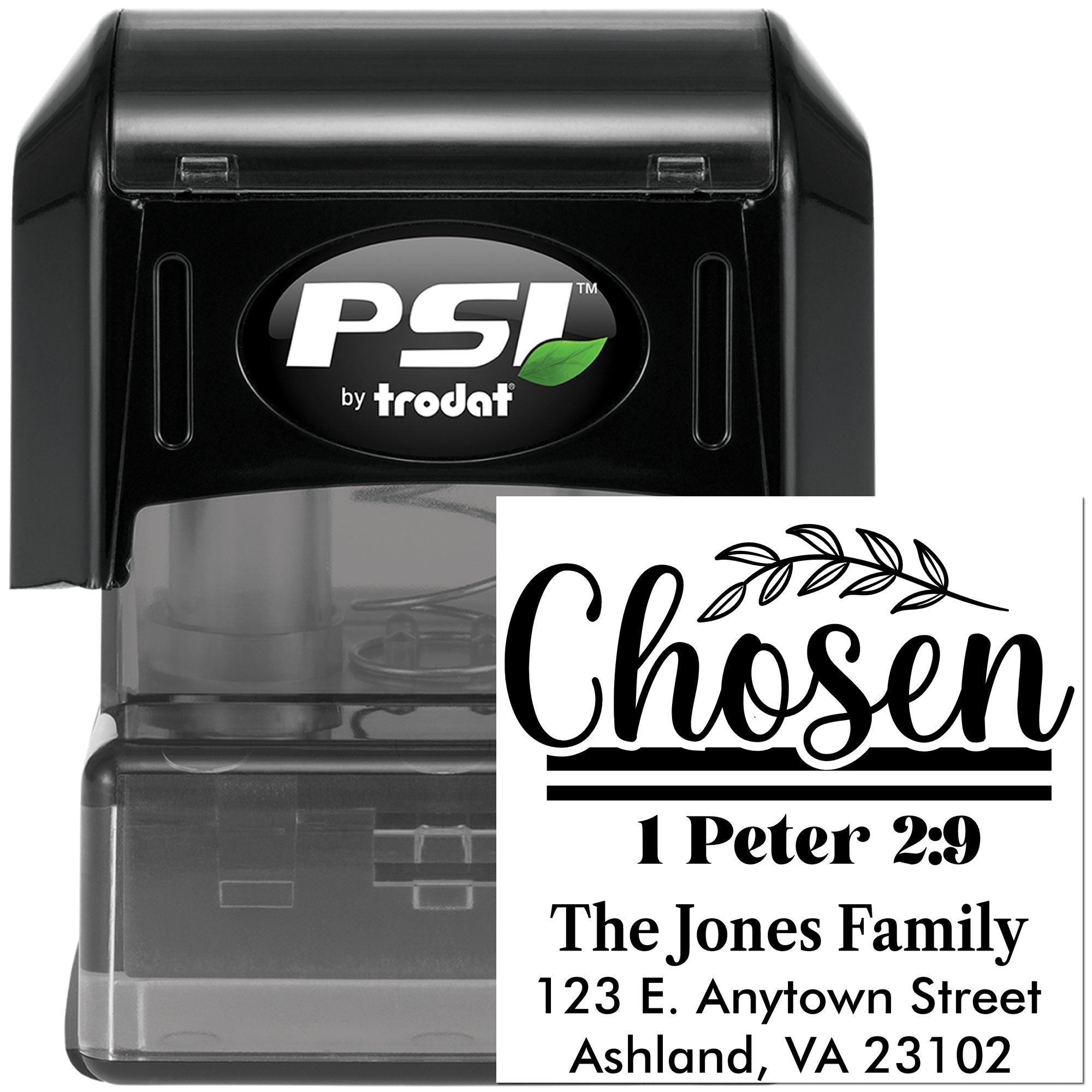 PSI by Trodat self-inking custom address stamp with Bible verse, family name, and mailing address for personalized rubber stamping.