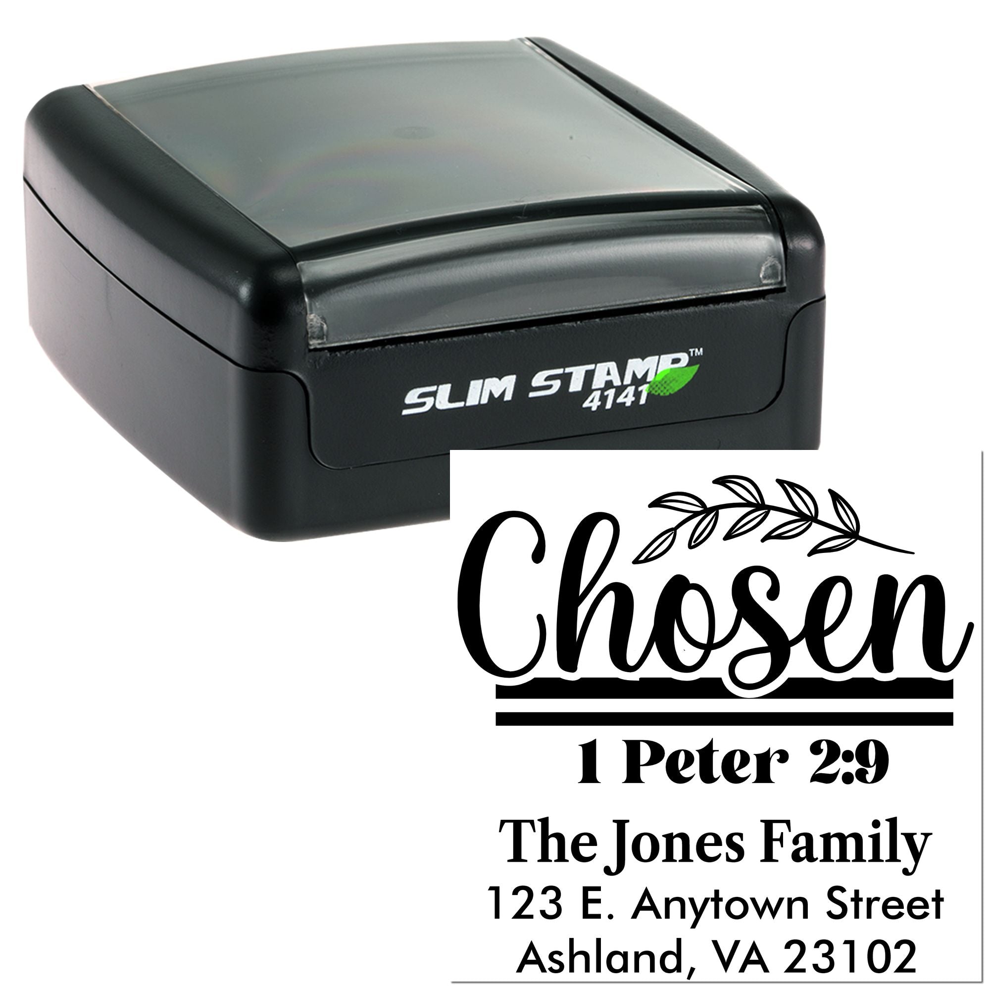 Custom Slim Stamp 4141 rubber stamp with Christian Chosen design, Bible verse 1 Peter 2:9, family name and address.