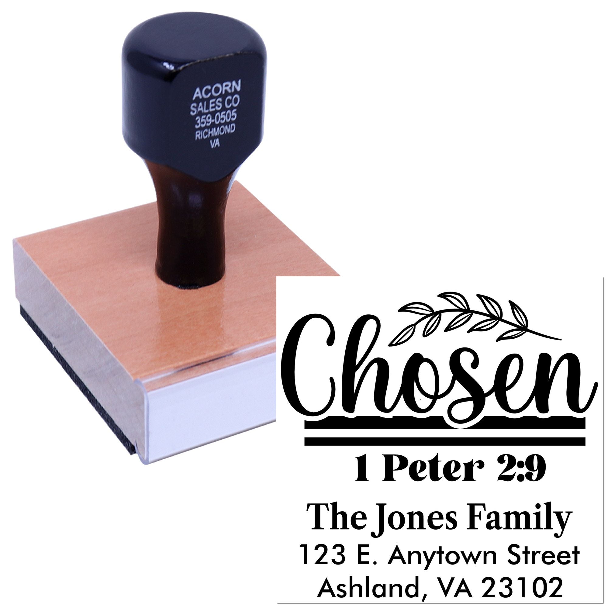 Custom Christian self-inking rubber stamp with Chosen 1 Peter 2:9 family name and address for personalized mailings.