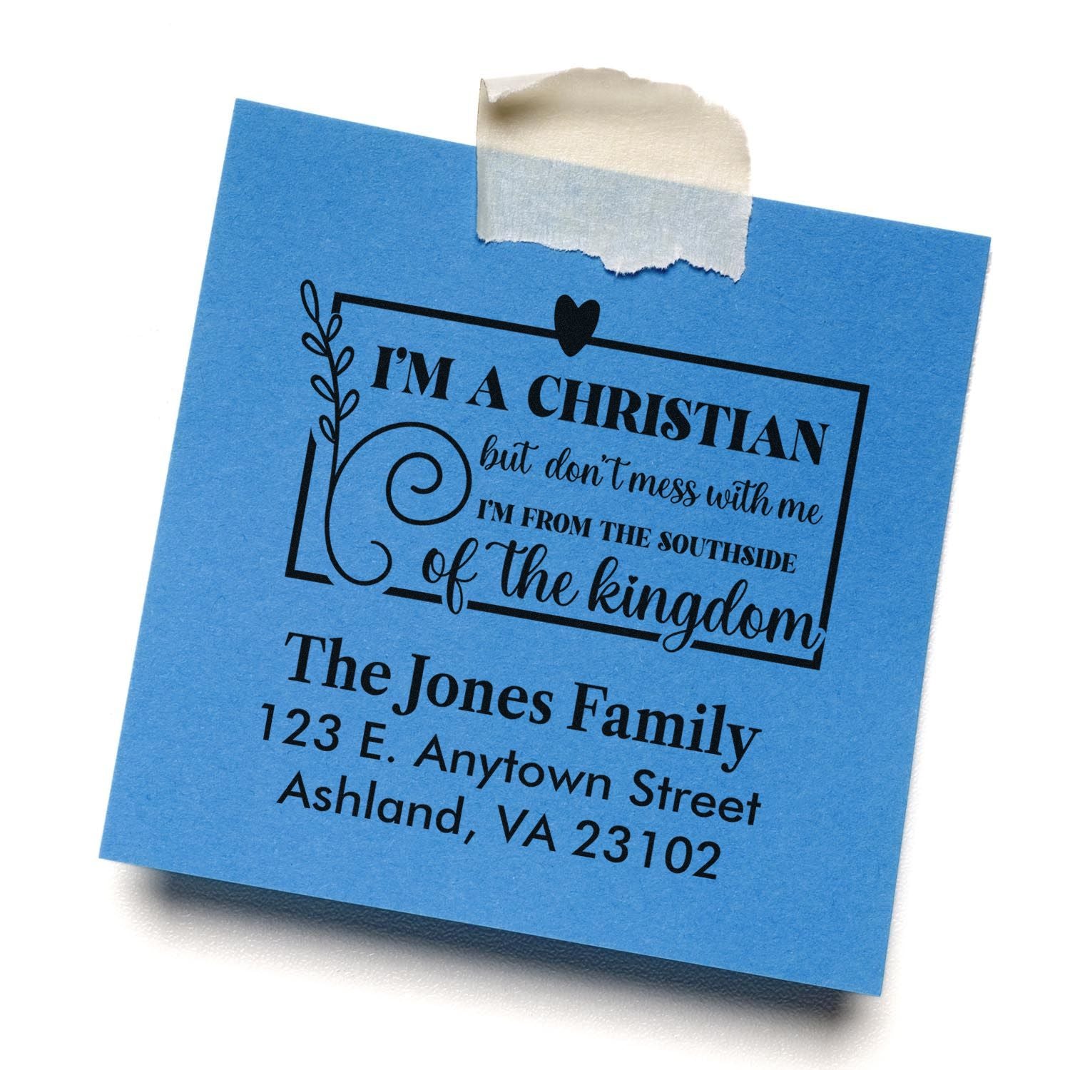 Custom Christian family return address rubber stamp with personalized name and address for mailing, invitations, and stationery.