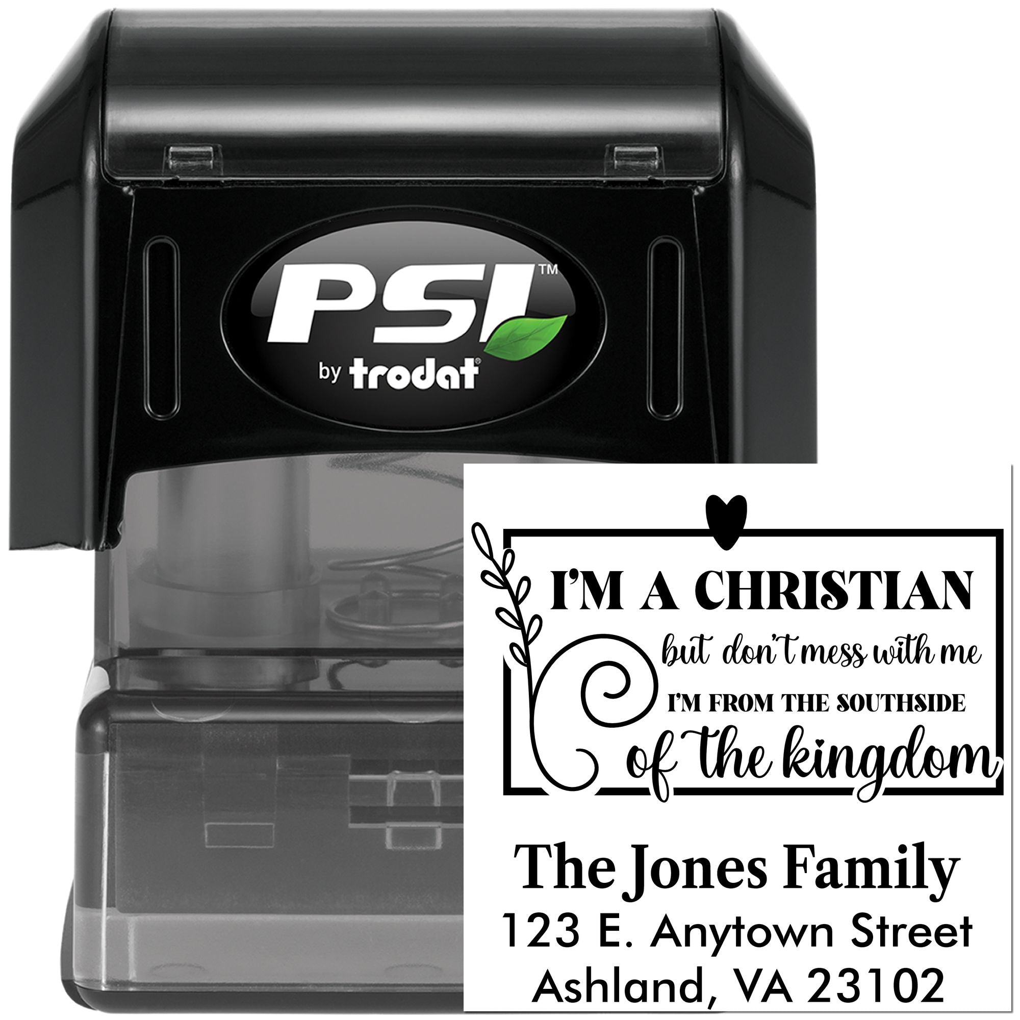 PSI by Trodat self-inking rubber stamp with custom Christian family address design for personalized mailing and stationery