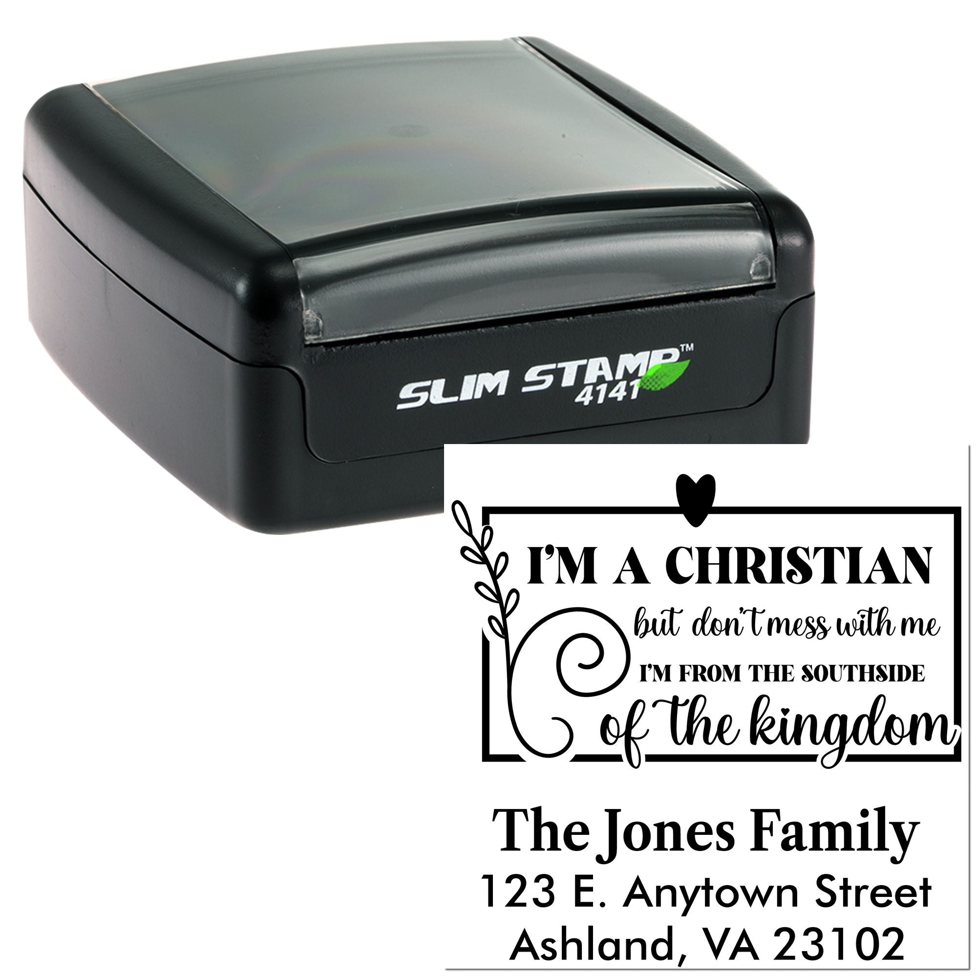 Slim Stamp 4141 self-inking rubber stamp with custom Christian family return address imprint.
