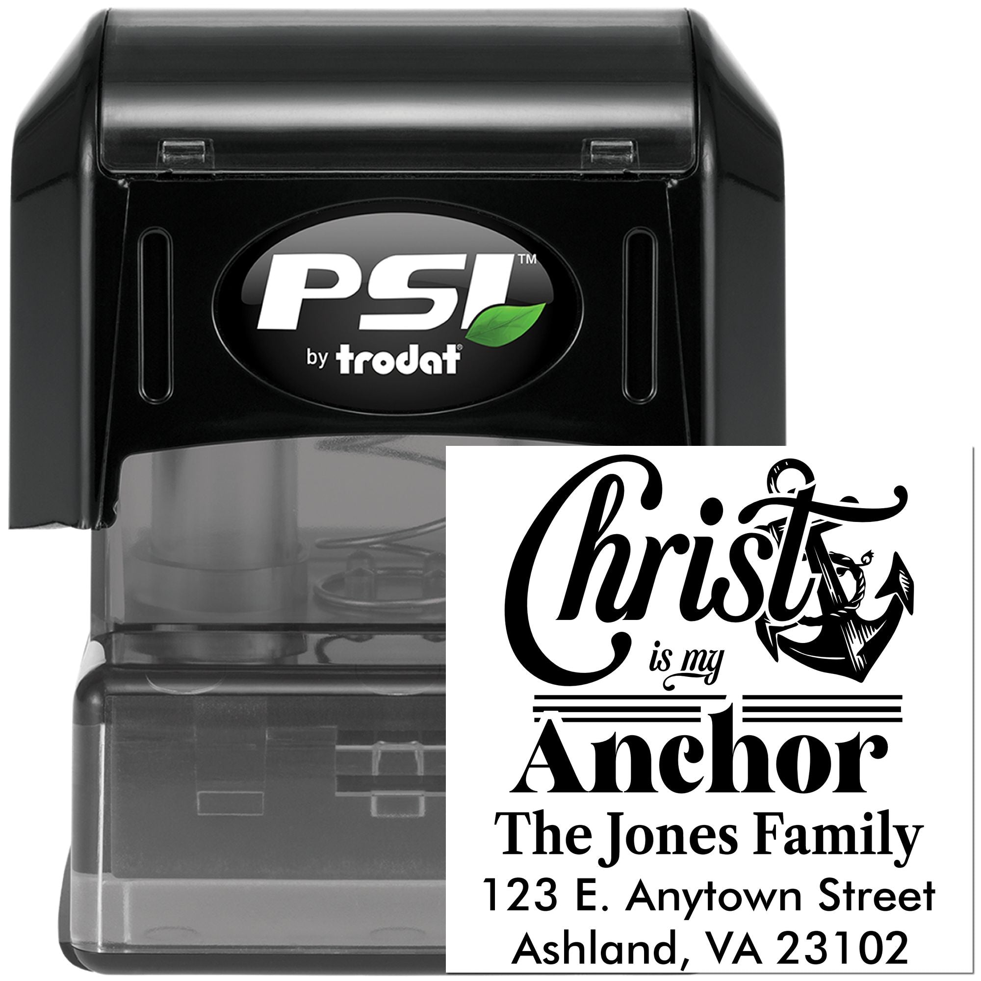 Custom PSI by Trodat self-inking return address stamp with anchor design for Christian family mailings.