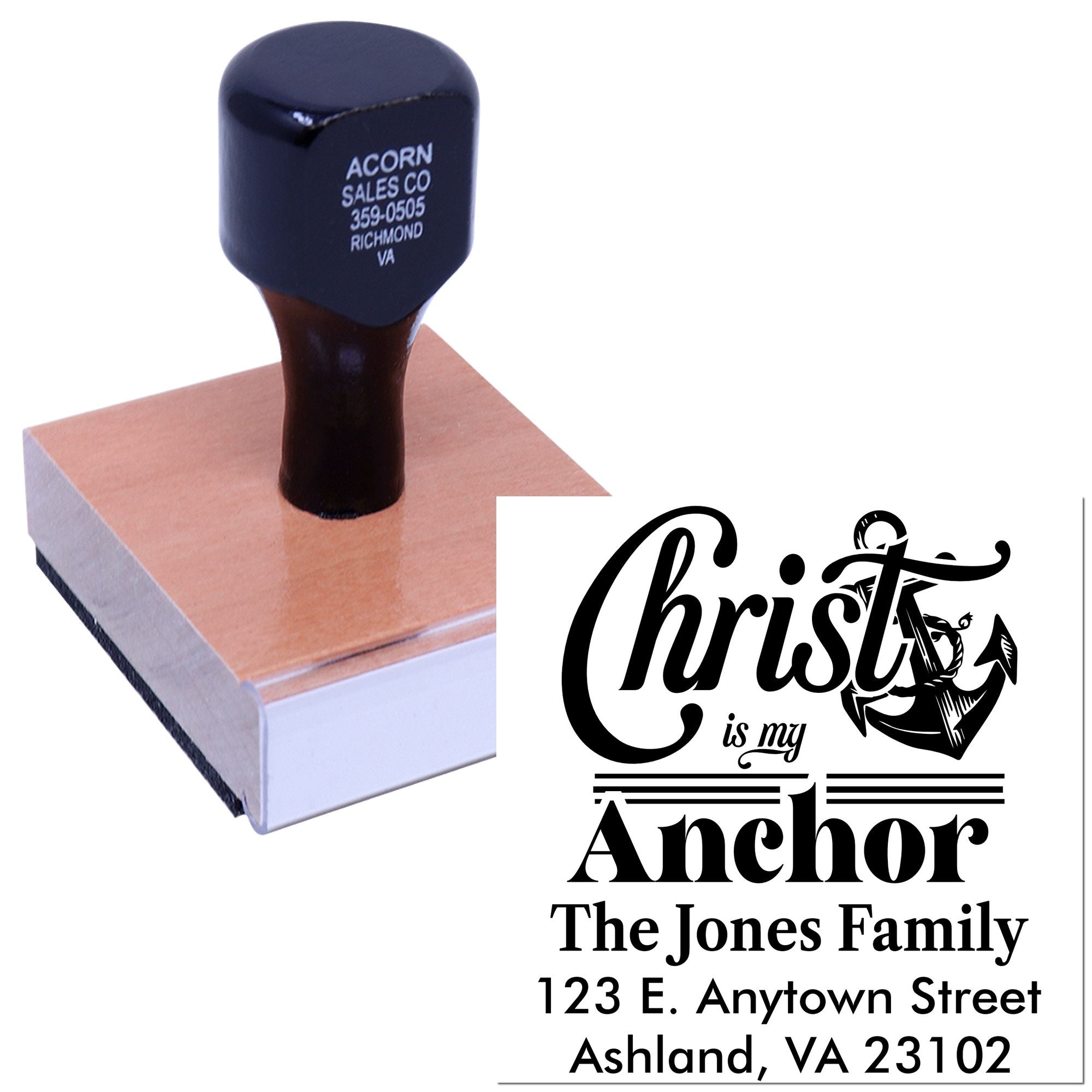 Custom Christian address rubber stamp with anchor design, family name, and Christ is my Anchor imprint.