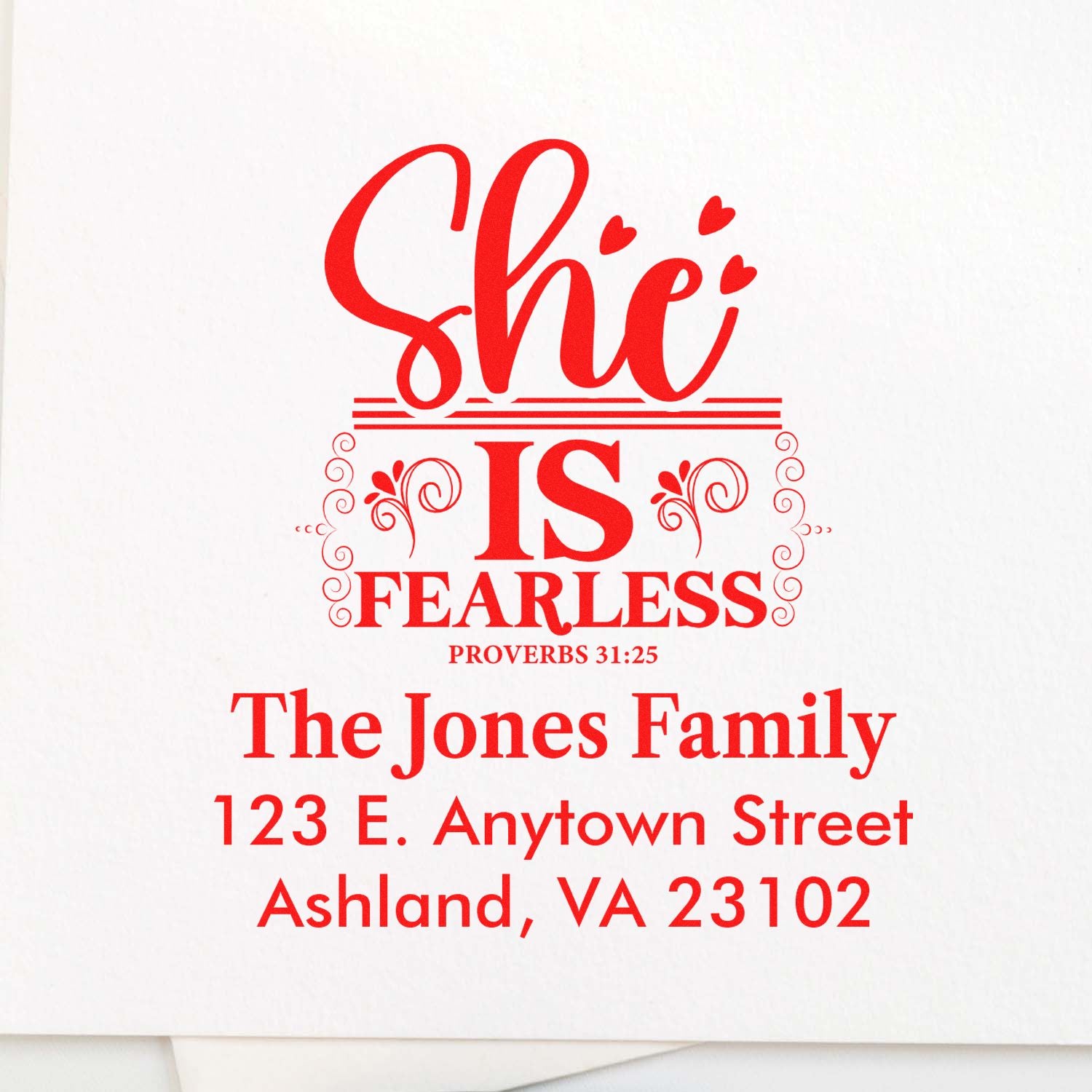 Personalized Christian address stamp with She Is Fearless, Proverbs 31:25, The Jones Family name, and Ashland, VA address.