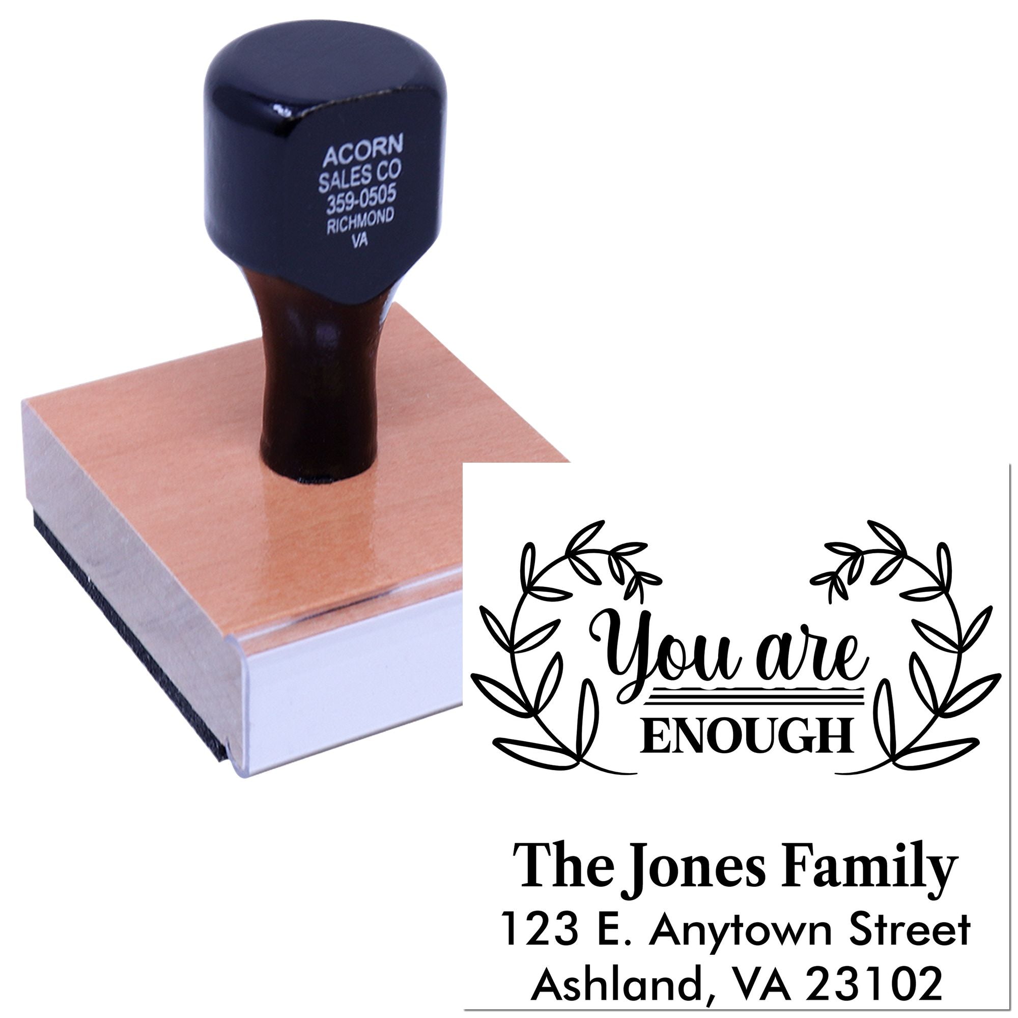 Custom self-inking rubber stamp with return address imprint and inspirational design examples for personalized business or home use.