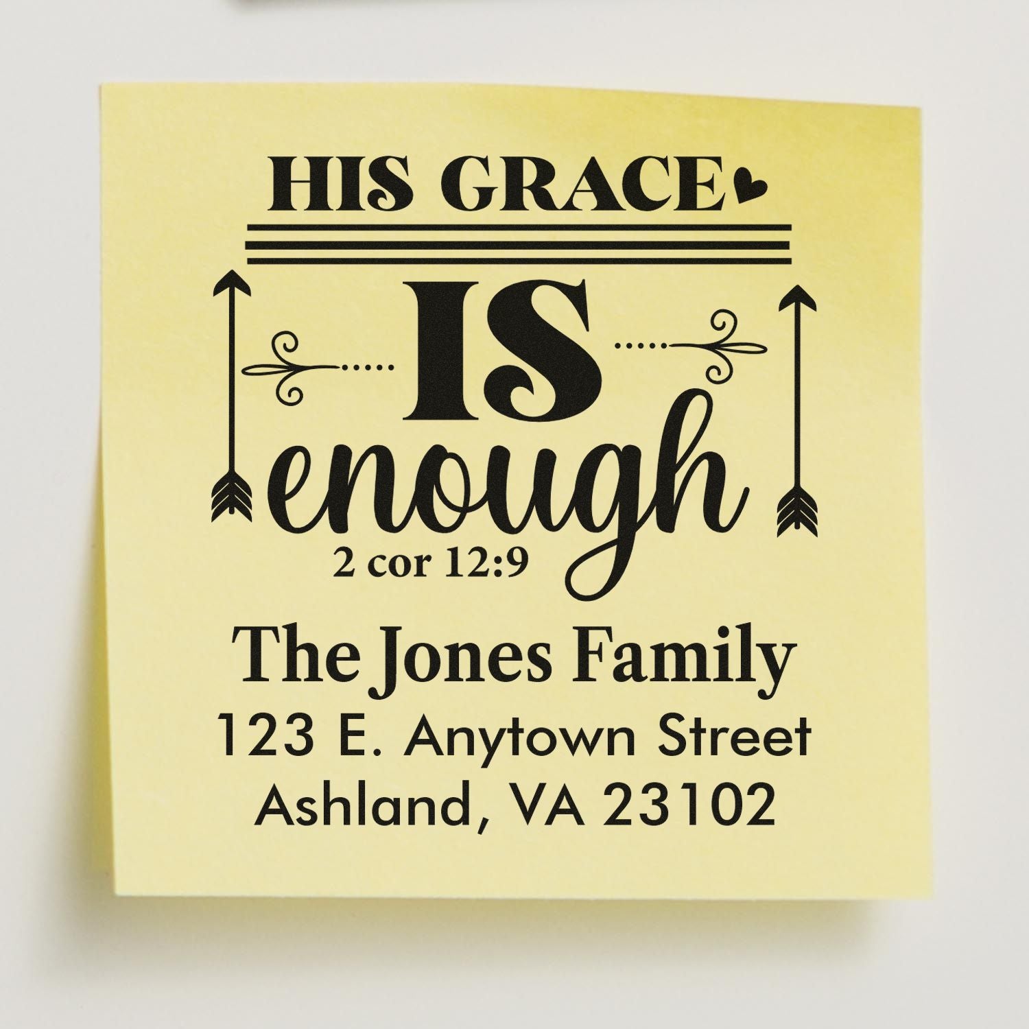 Personalized Christian address stamp with His grace is enough and The Jones Family return address.