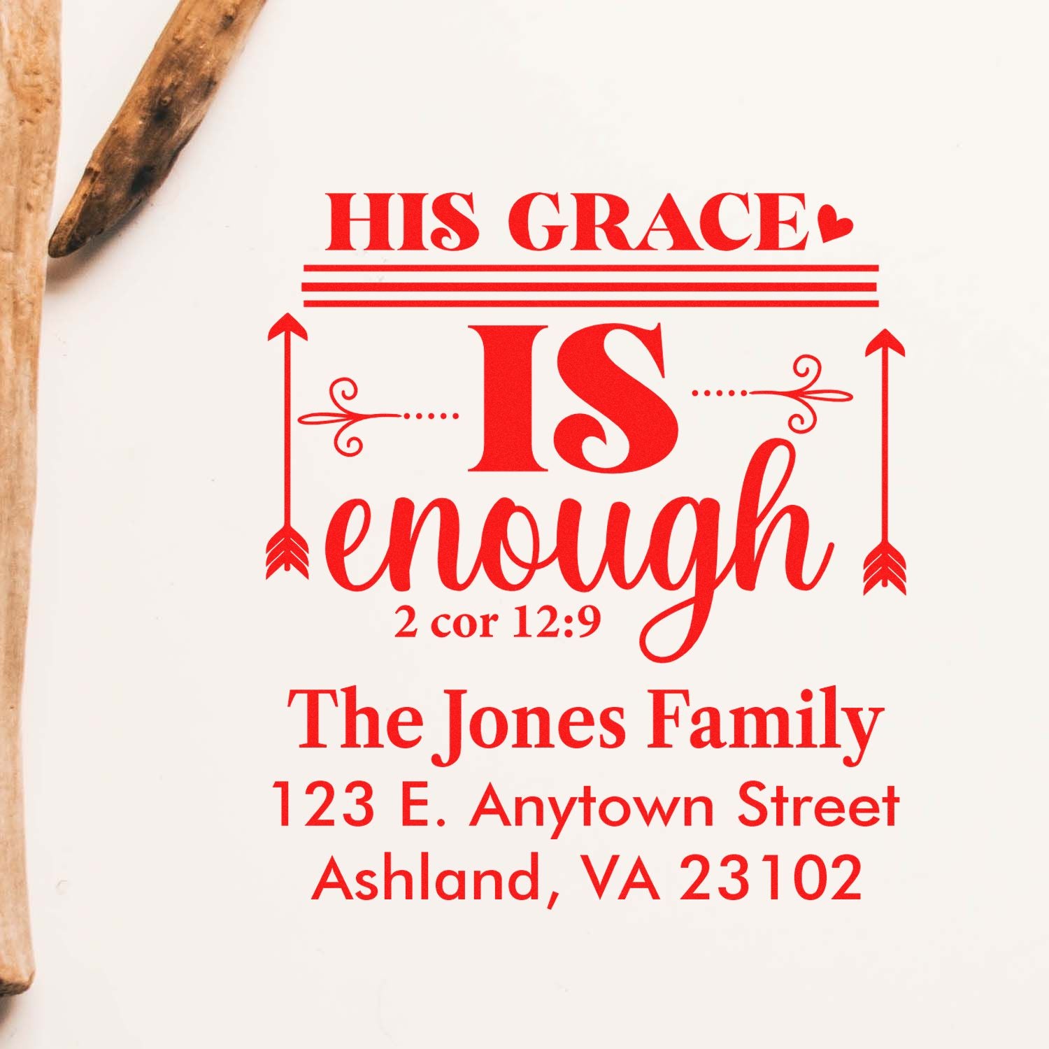 Personalized rubber address stamp with Bible verse His Grace Is Enough, The Jones Family, and Ashland, VA return address.
