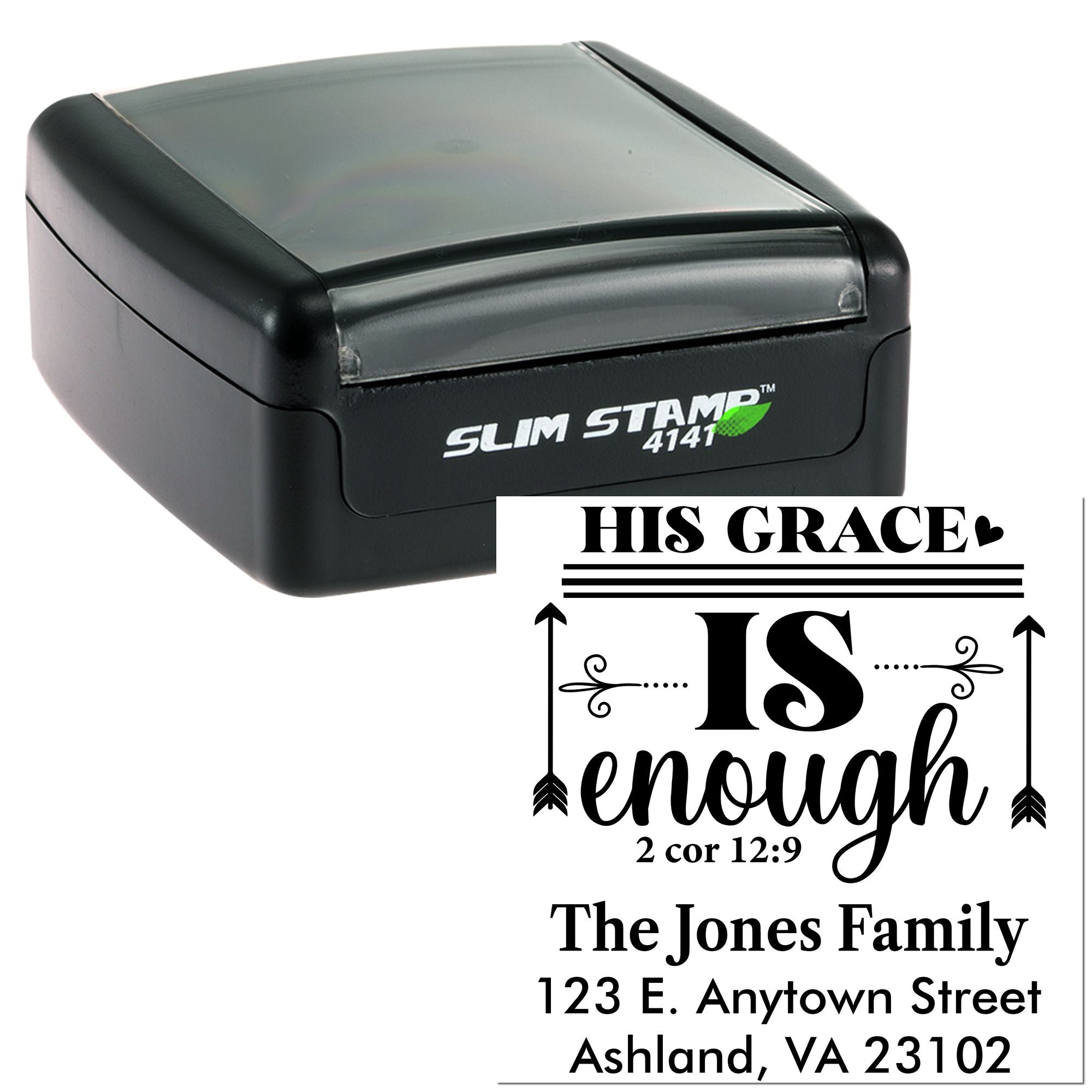 Self-inking Slim Stamp rubber stamp with custom Christian scripture design for family address and faith-based mailing.