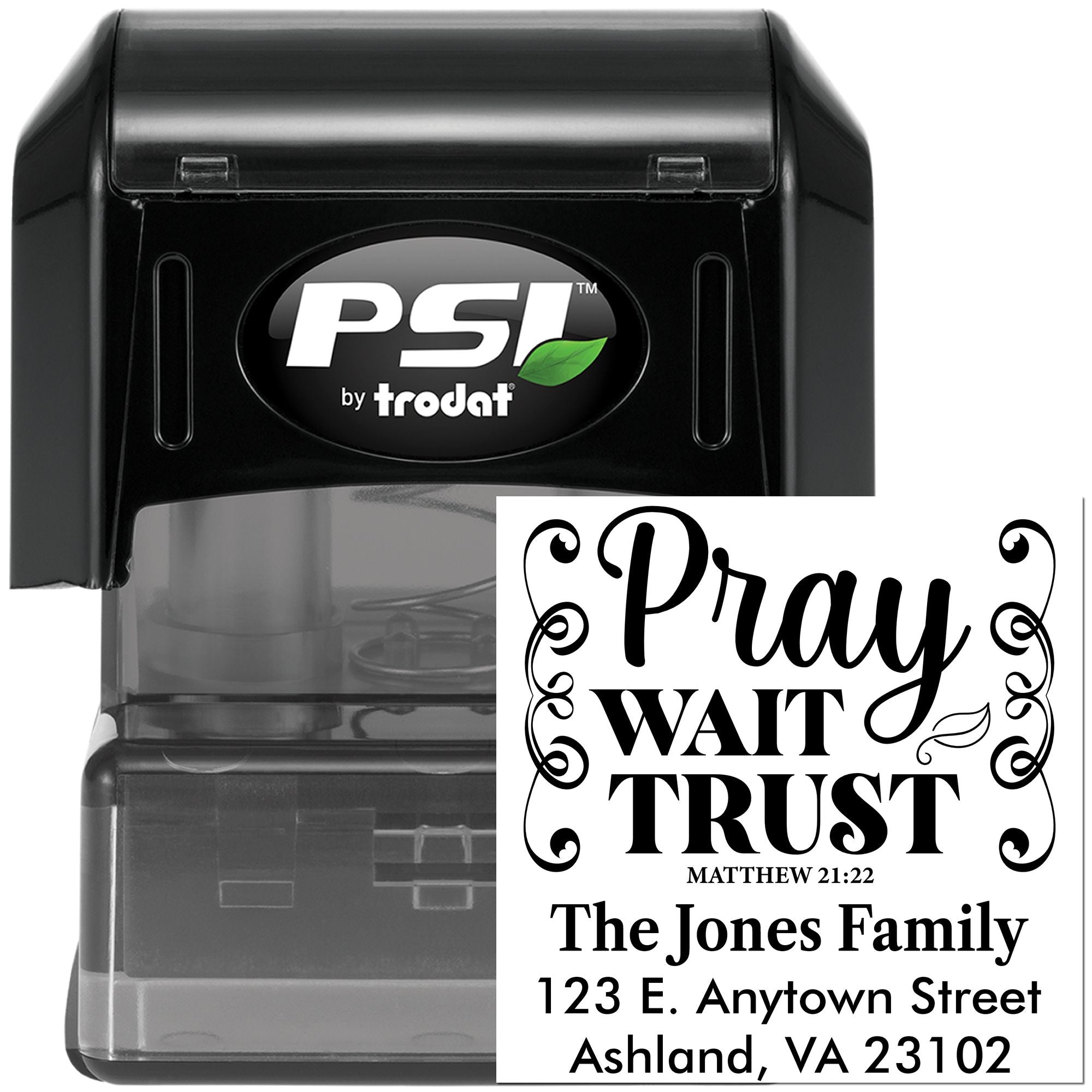 Custom self-inking address rubber stamp with Bible verse design, Pray Wait Trust, for The Jones Family return mailing label