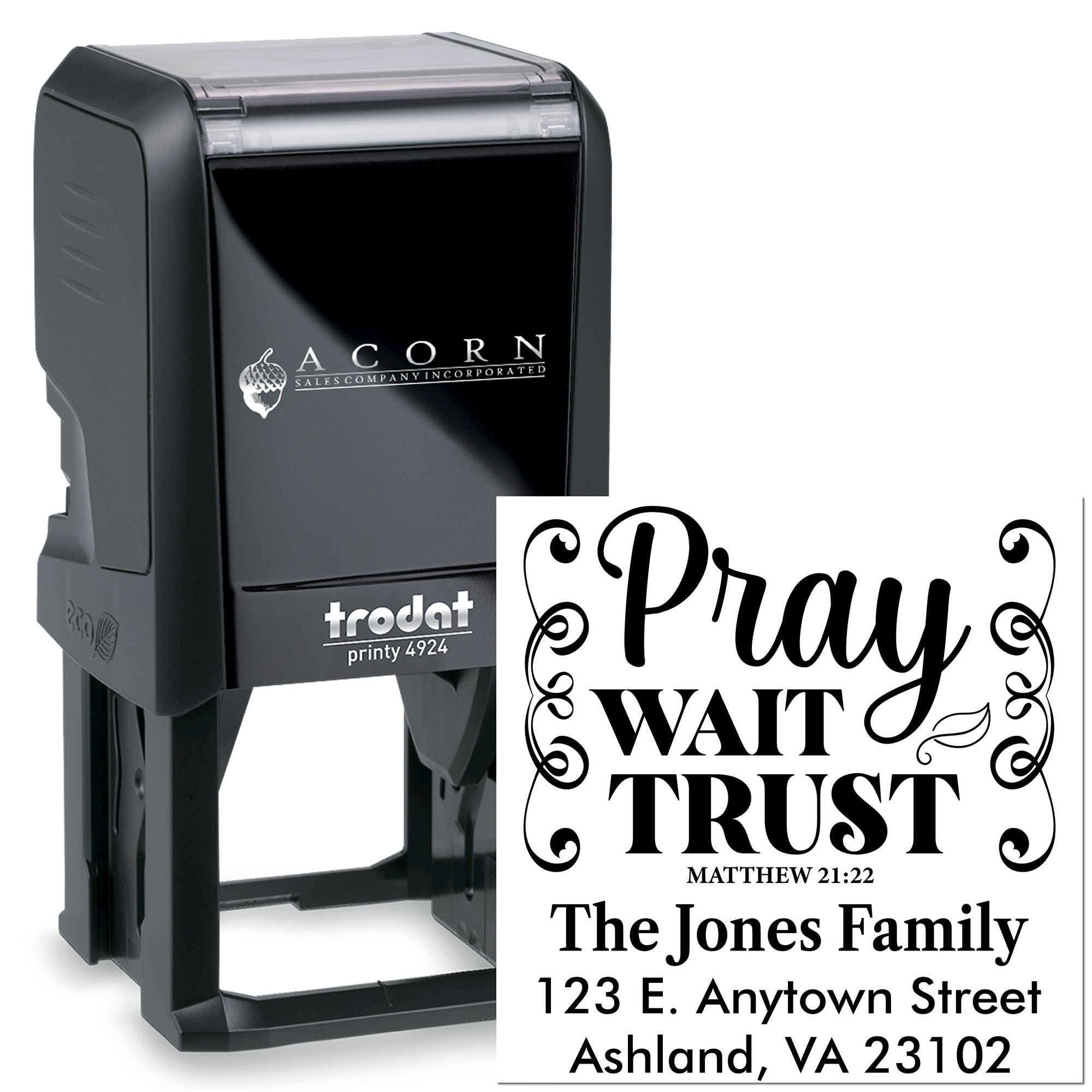Trodat Printy 4924 personalized self-inking address rubber stamp with Pray Wait Trust Bible verse and family name.