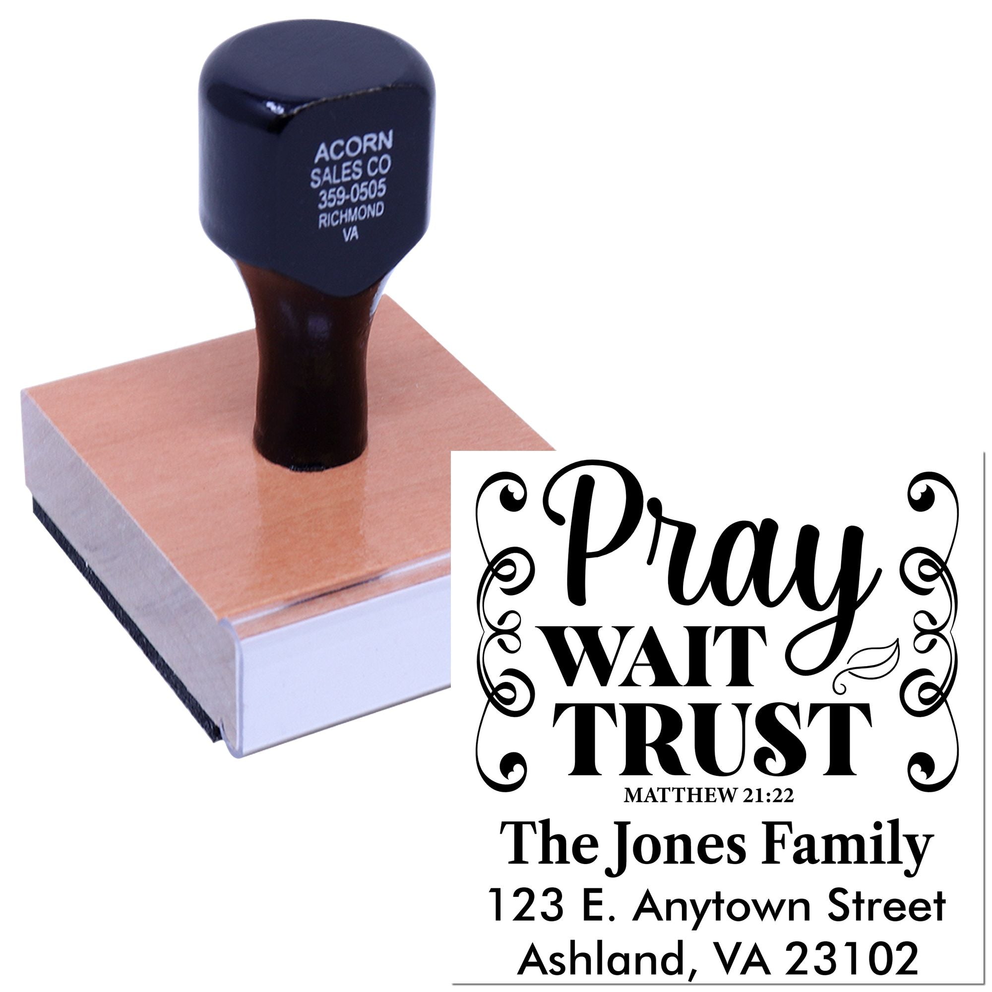 Custom return address rubber stamp with Pray, Wait, Trust Bible verse for Christian family stationery.