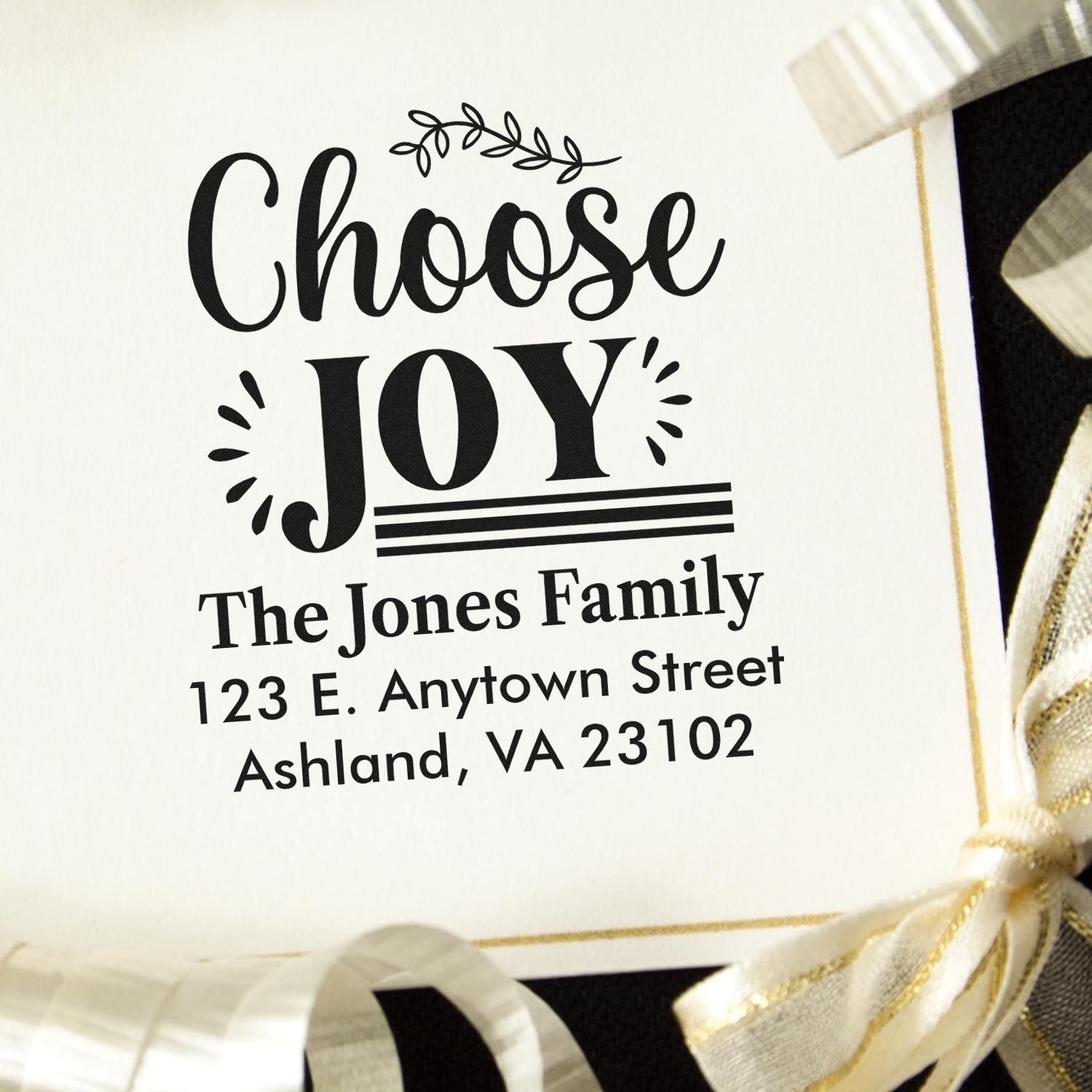 Custom address rubber stamp with Choose Joy design, personalized family name and return address for stationery and gifts.