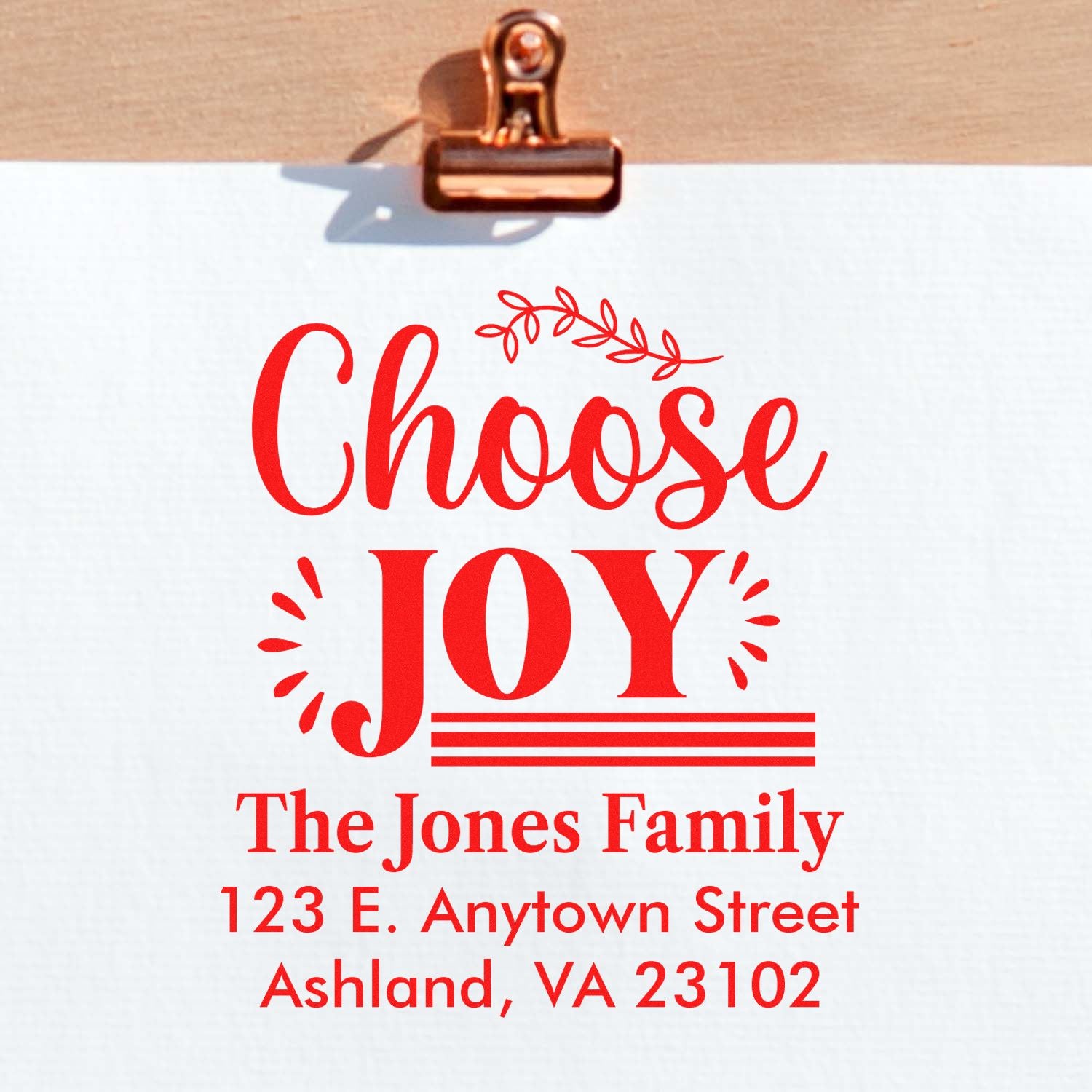 Custom rubber stamp design with Choose Joy and family return address for personalized holiday cards and stationery.