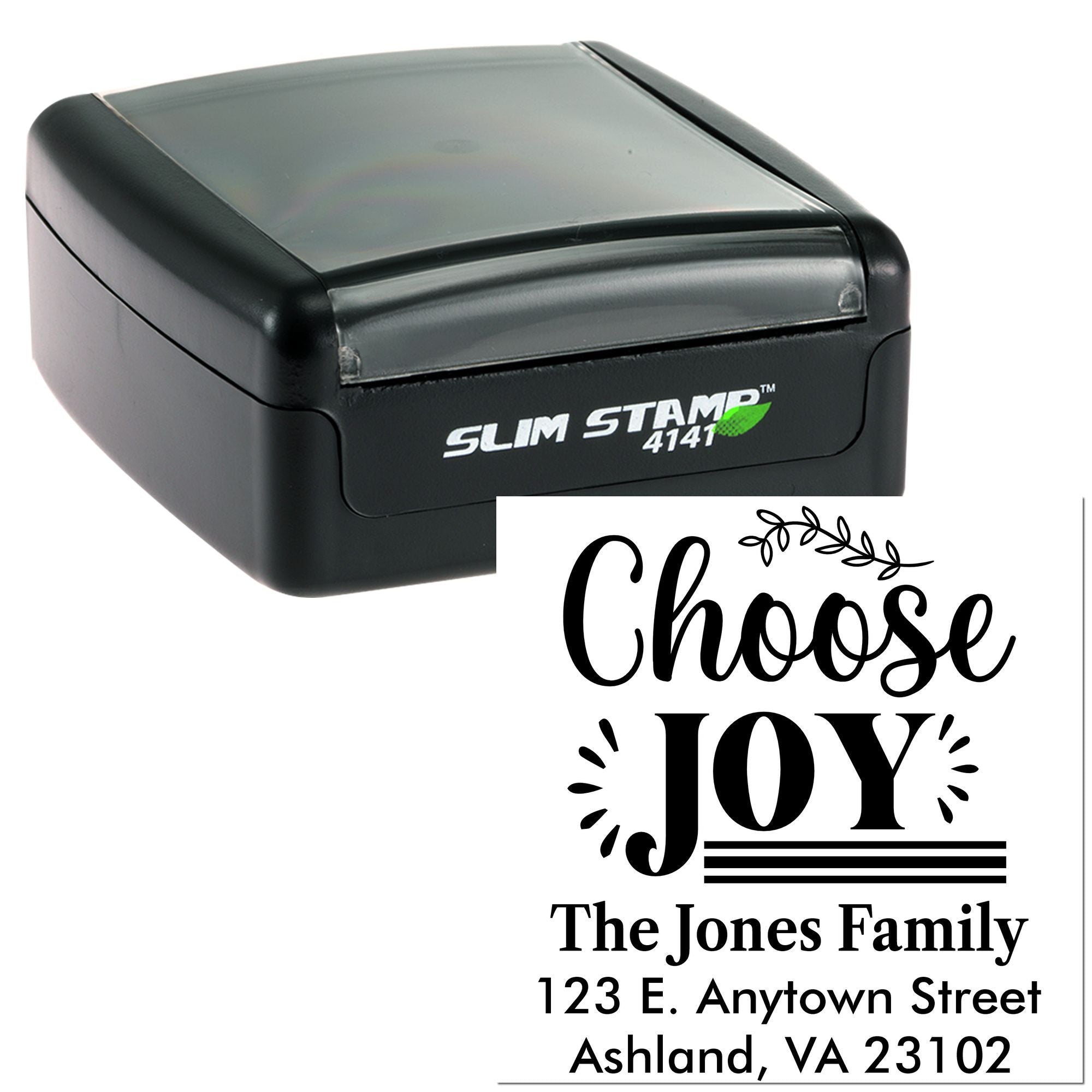 Slim Stamp 4141 self-inking rubber stamp with custom Choose Joy family address design for holiday mailings.