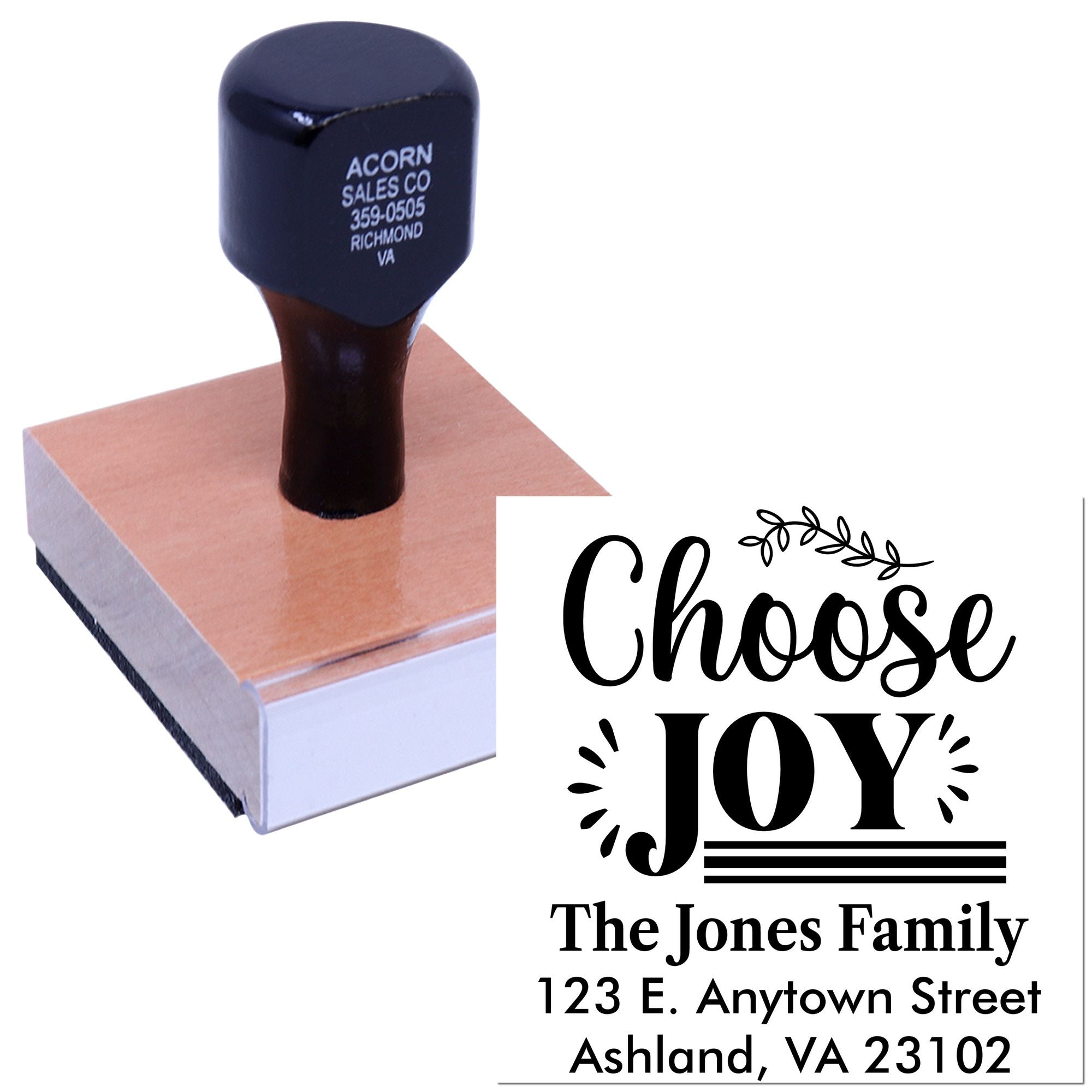 Custom return address rubber stamp with Choose Joy design, family name, and address for weddings, cards, and mailings.