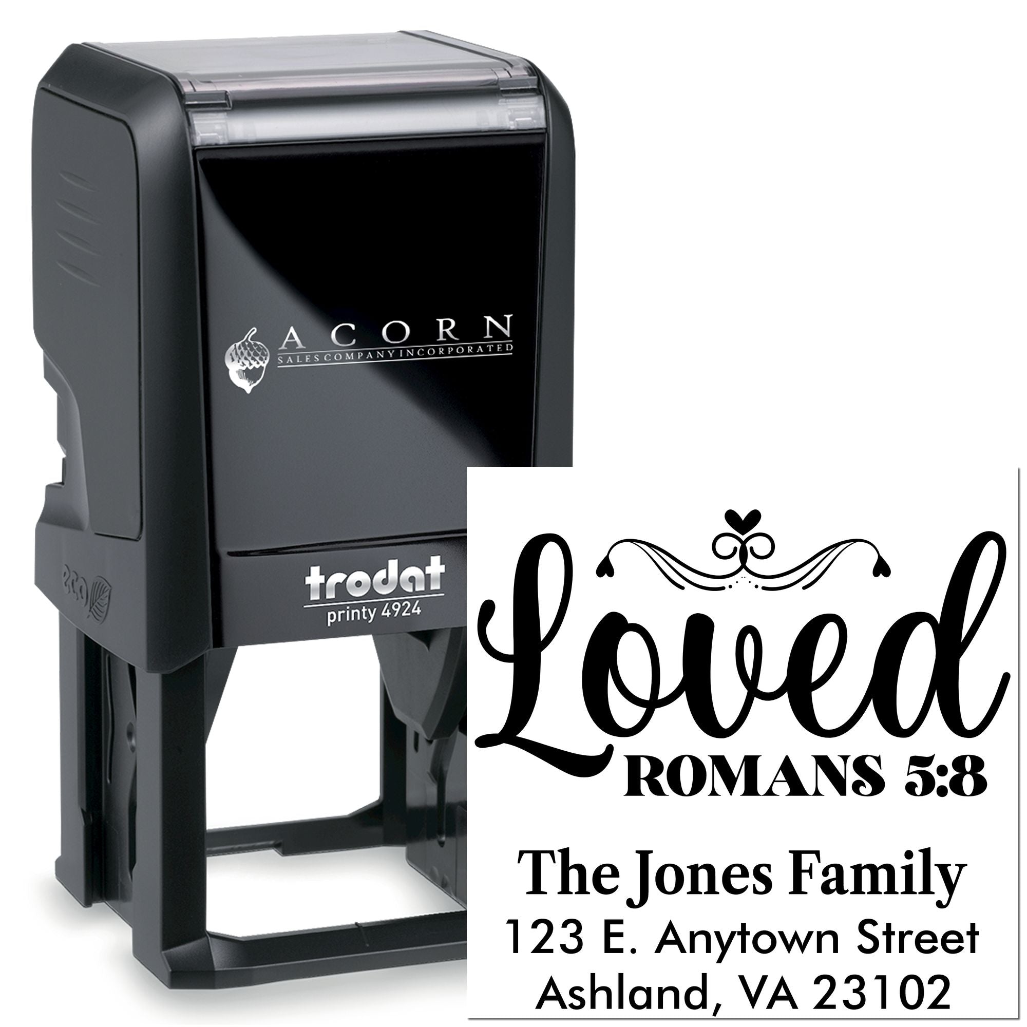 Custom self-inking rubber stamp with Loved Romans 5:8 Jones family return address design on Trodat Printy 4924.