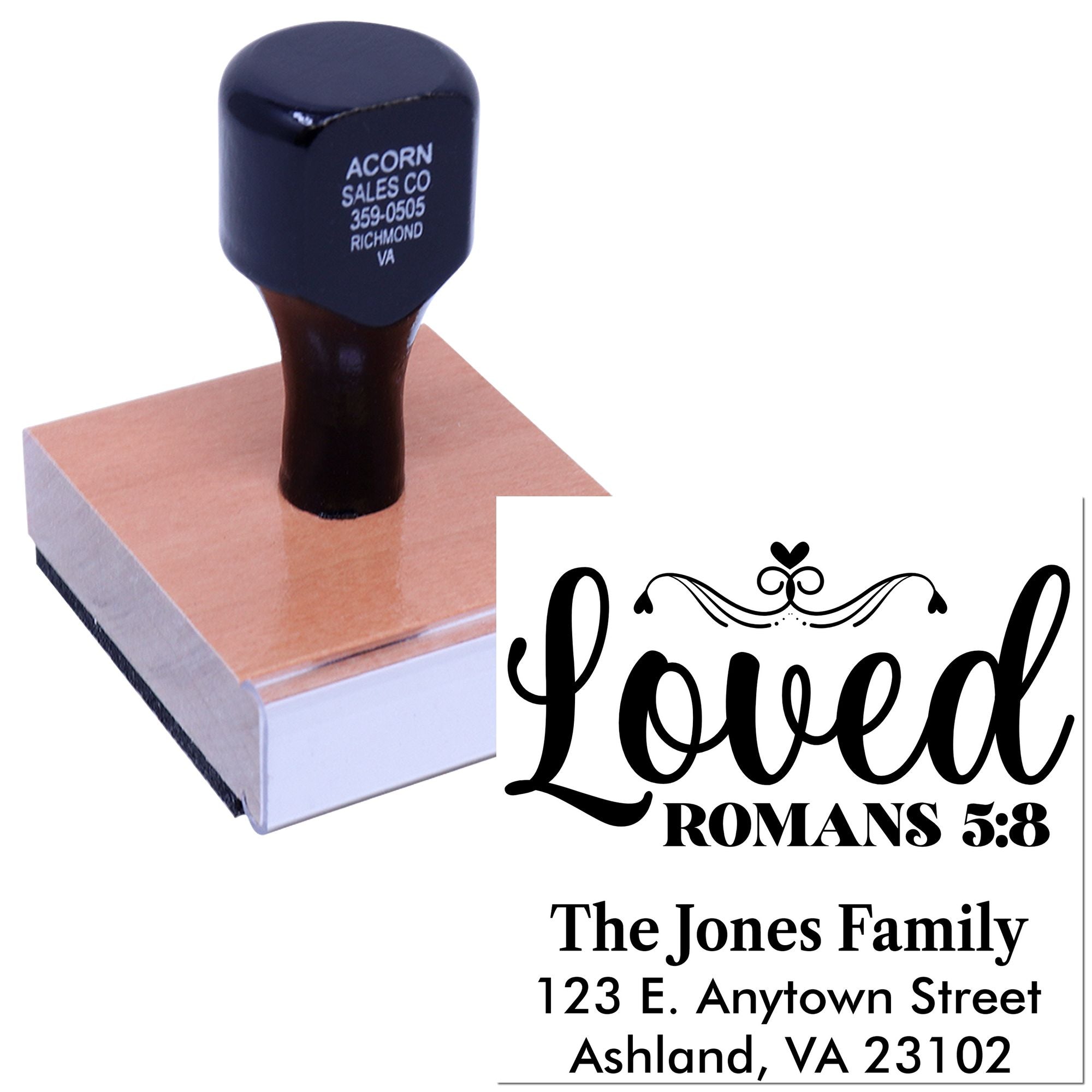 Custom rubber stamp with Loved Romans 5:8 design and personalized family return address for mailing.