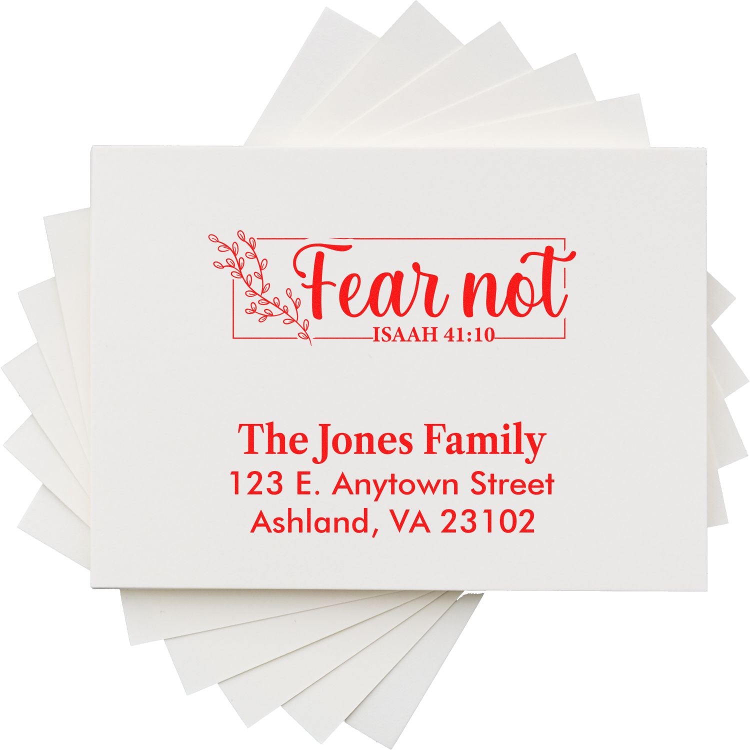 Personalized Christian rubber stamp with Fear not Isaiah 41:10 and return address for family envelopes.