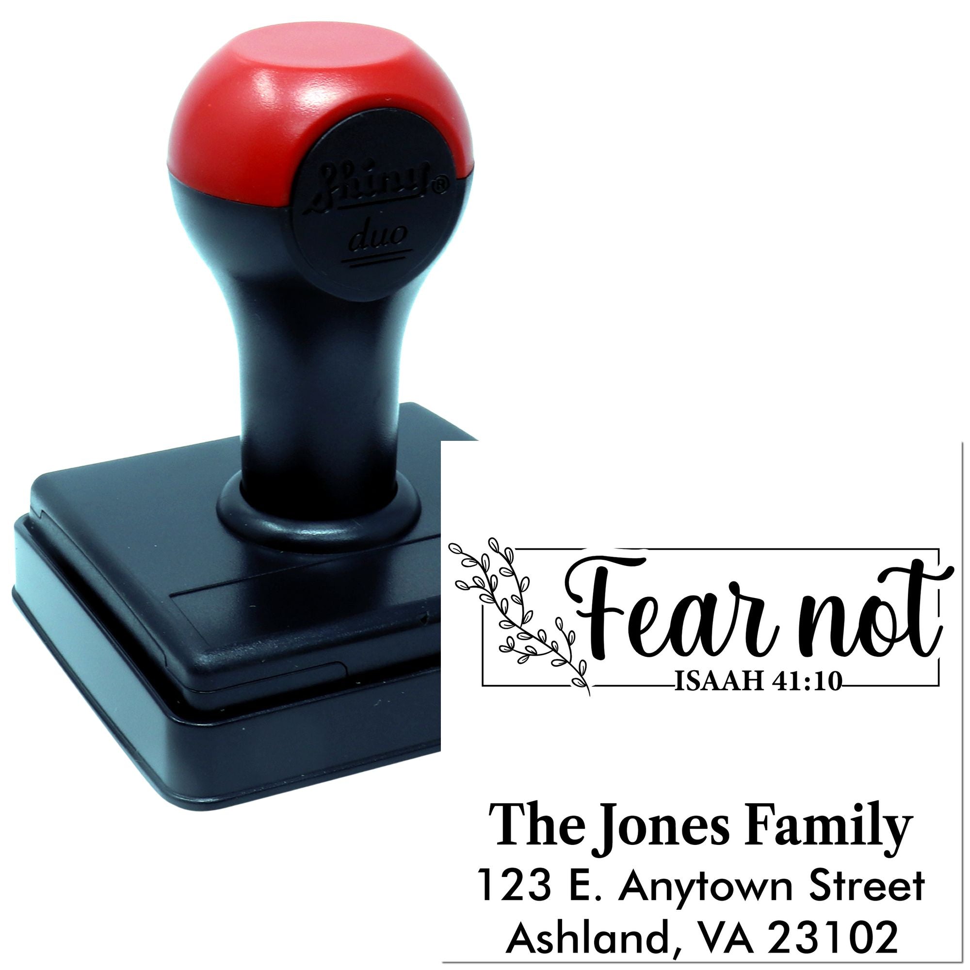Custom self-inking rubber stamp with Fear Not Isaiah 41:10 design for personalized Christian return address stamping.