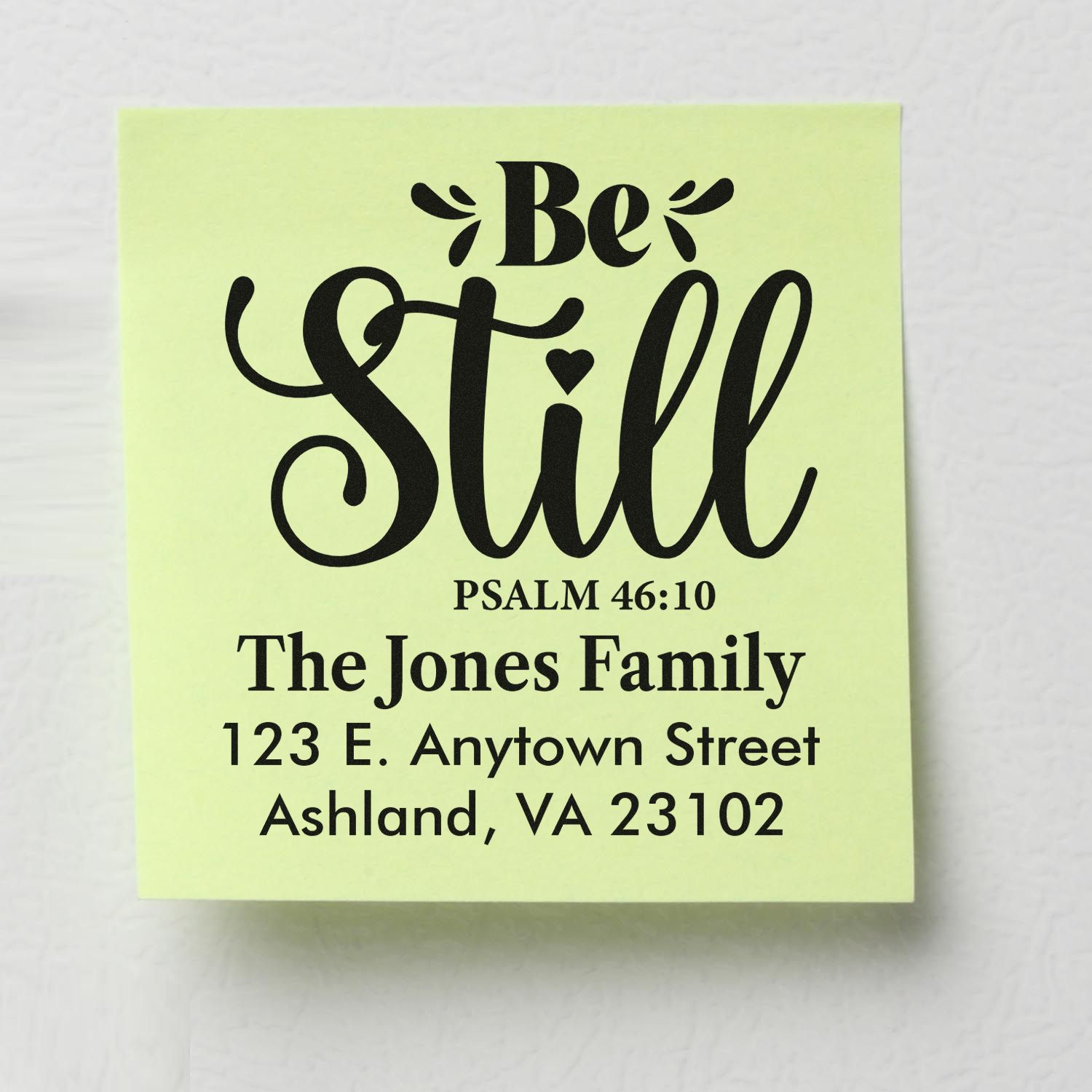 Personalized Christian rubber stamp with Be Still Psalm 46:10, family name, and return address for custom mail.